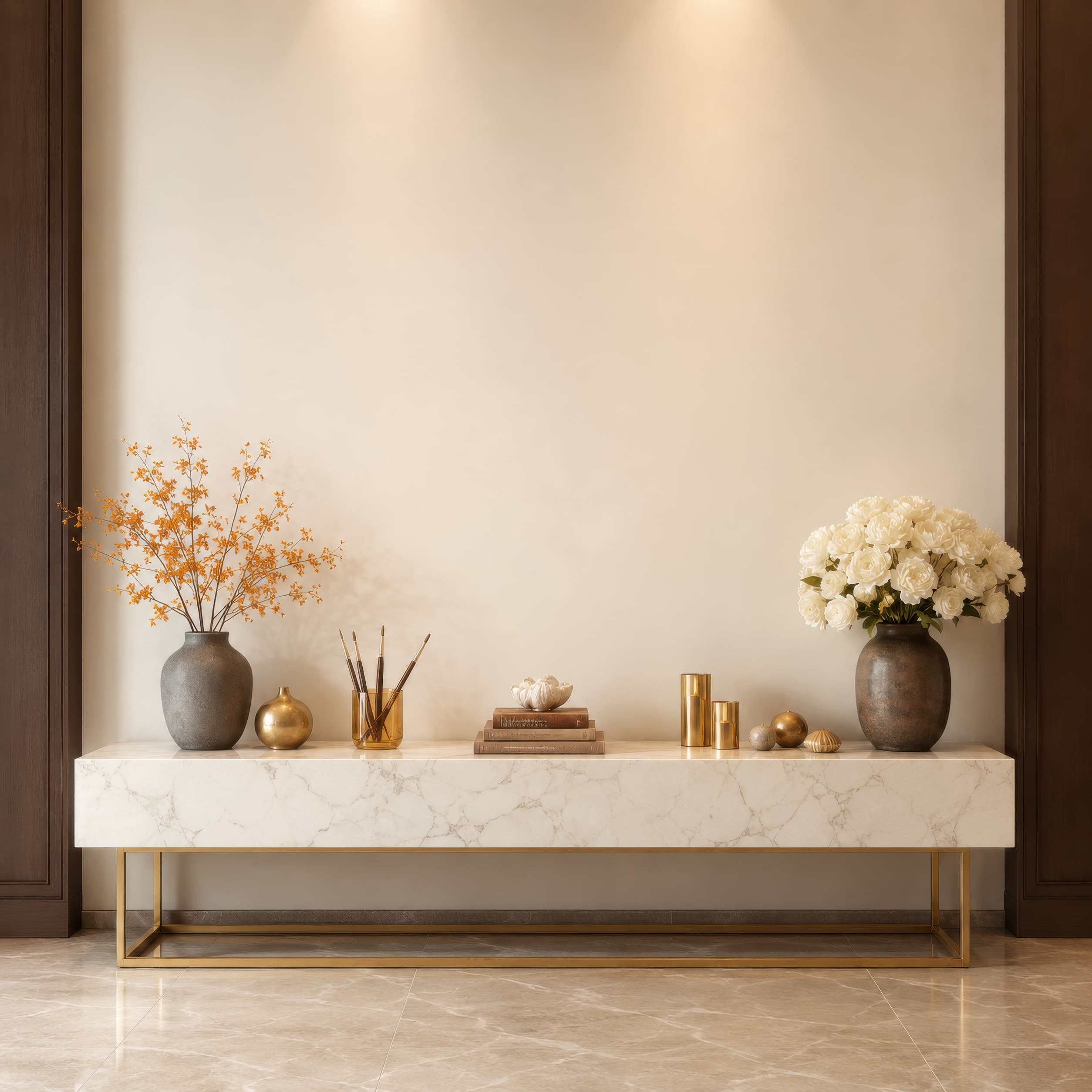 Warm luxury gallery entryway with an empty ivory wall above a marble console, brass accents, and floral vases, ranked 7 among exhibition mockups