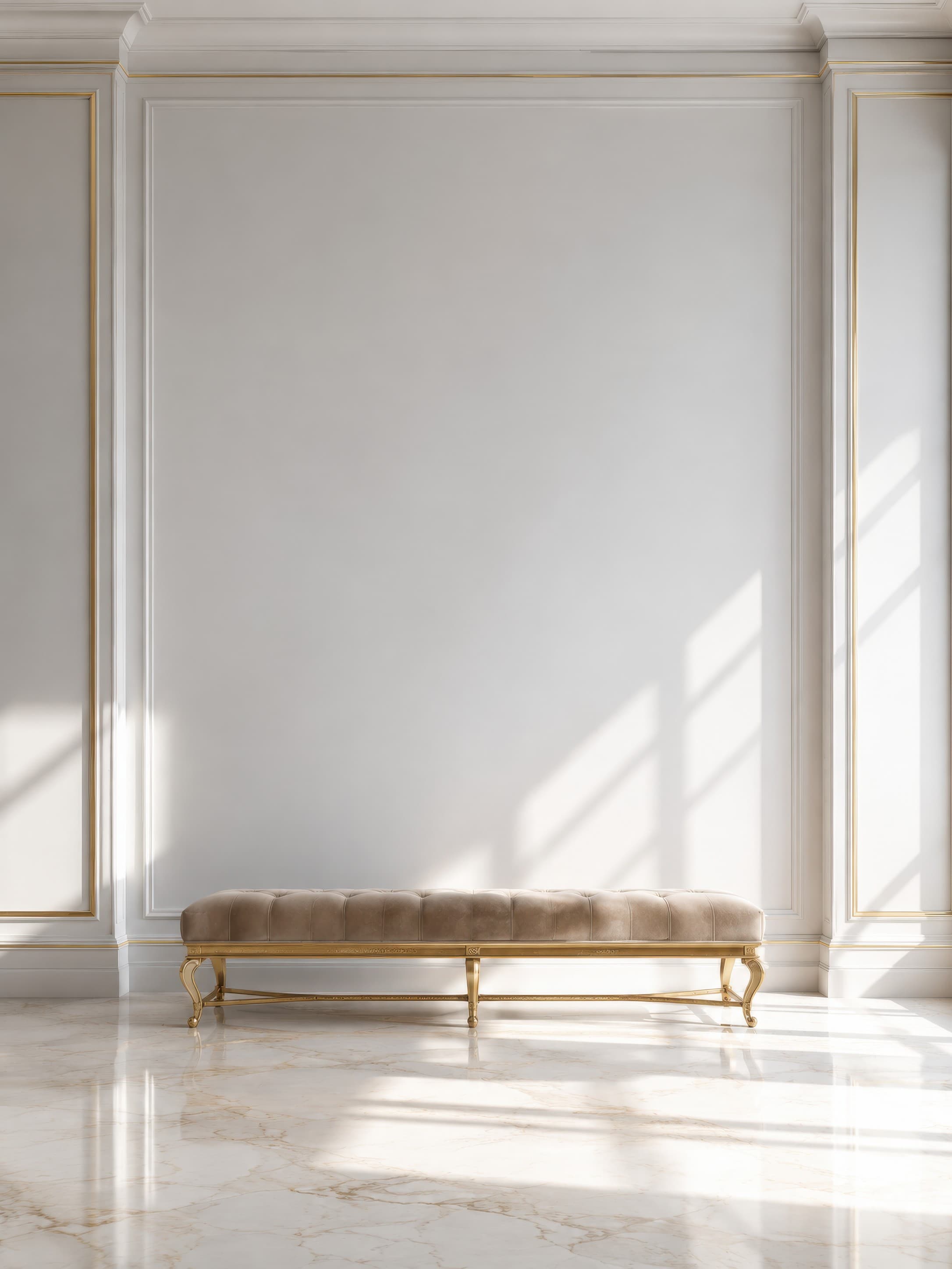 Elegant luxury gallery wall with pale white-gray panel molding, gold accents, marble floor, and a tufted bench, ranked 4 among exhibition mockups