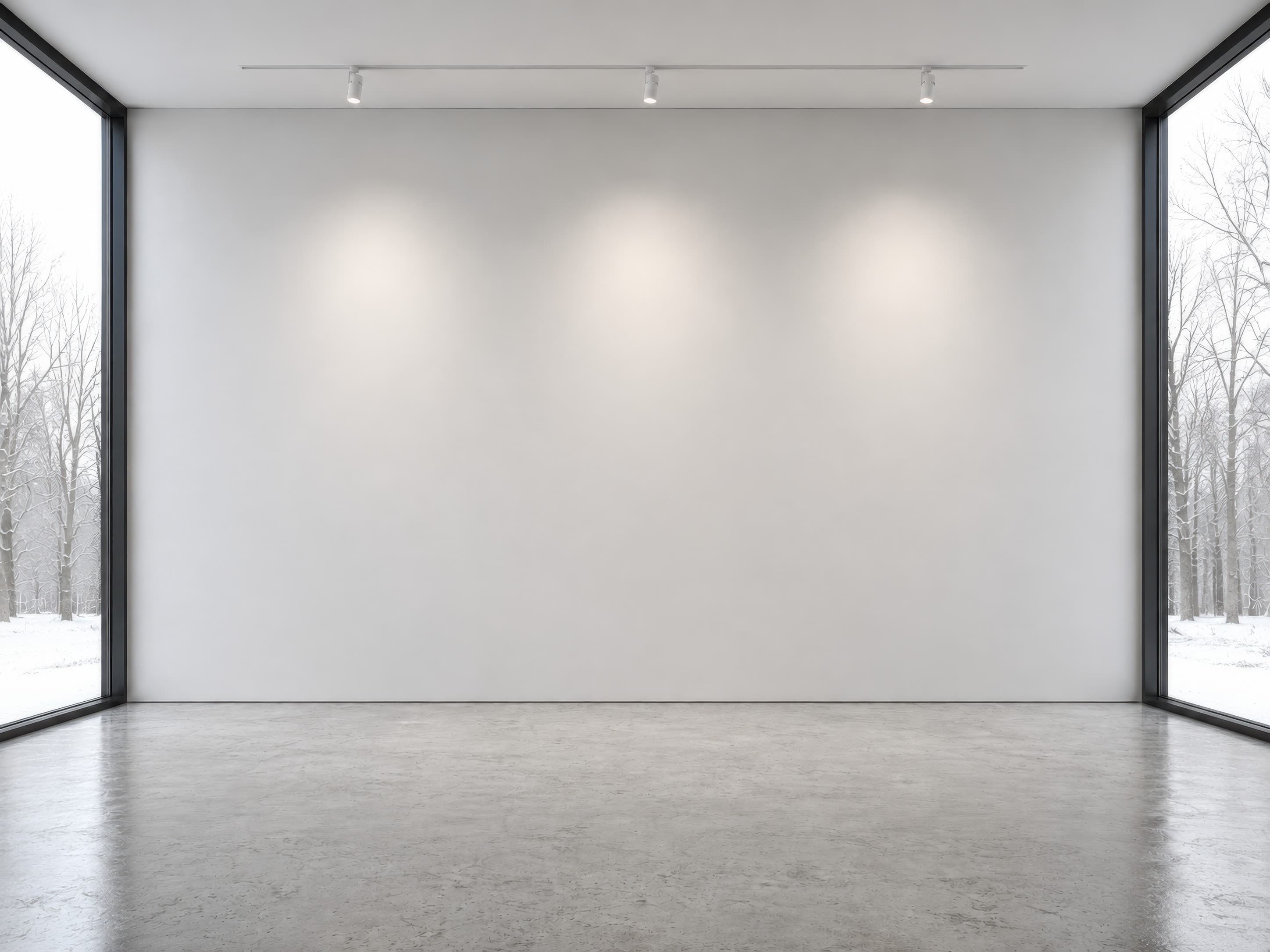 Minimalist modern gallery with a uniform pale gray wall, polished concrete floor, soft track lighting, and tall winter side windows, ranked 13 among exhibition mockups