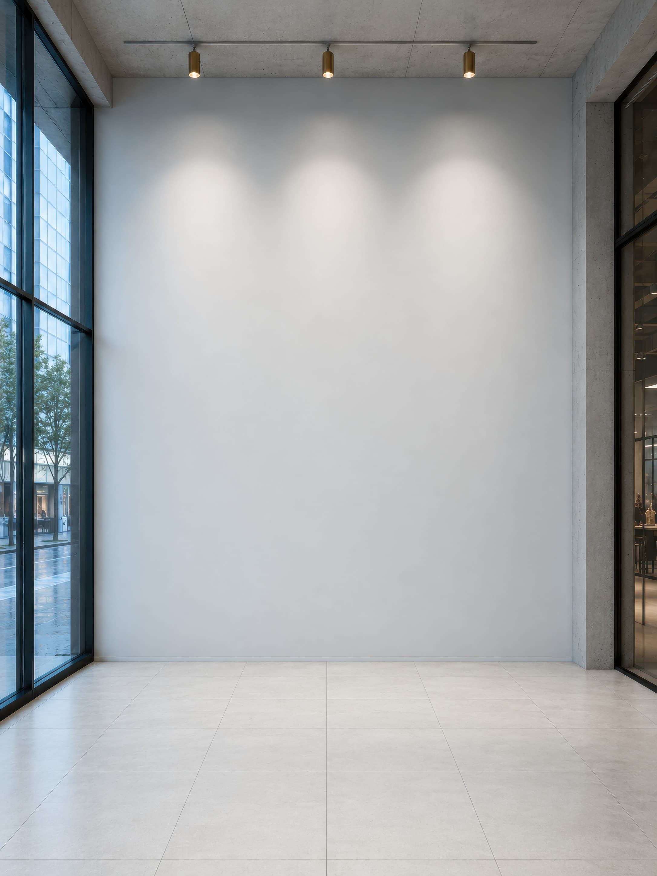 Modern gallery corridor with an empty pale gray-blue wall, brass spotlights, glass side panels, and light stone tile flooring, ranked 2 among exhibition mockups