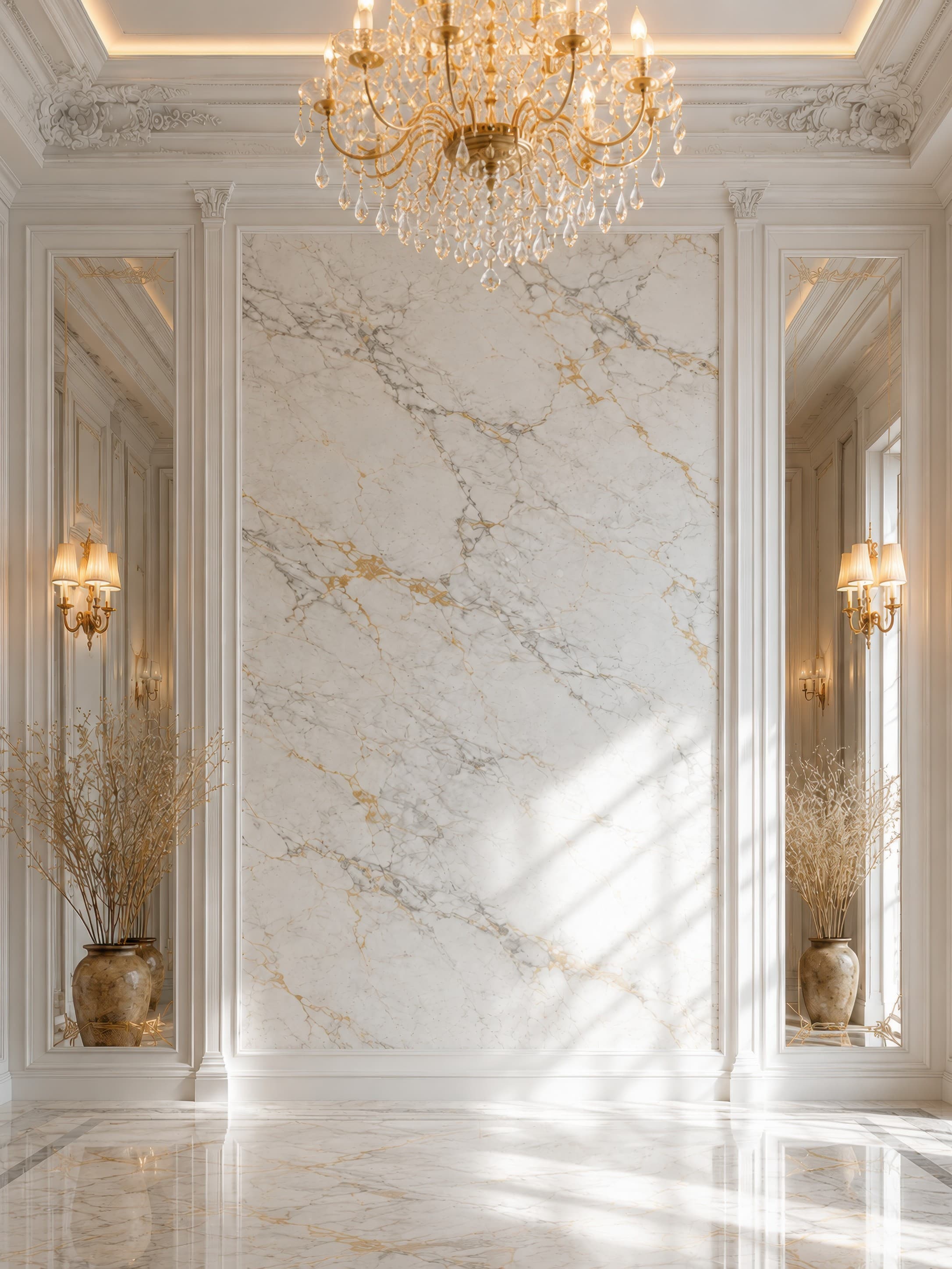 Luxurious neoclassical gallery foyer with an empty white marble wall, crystal chandelier, mirrored side panels, and glossy marble floor, ranked 11 among exhibition mockups