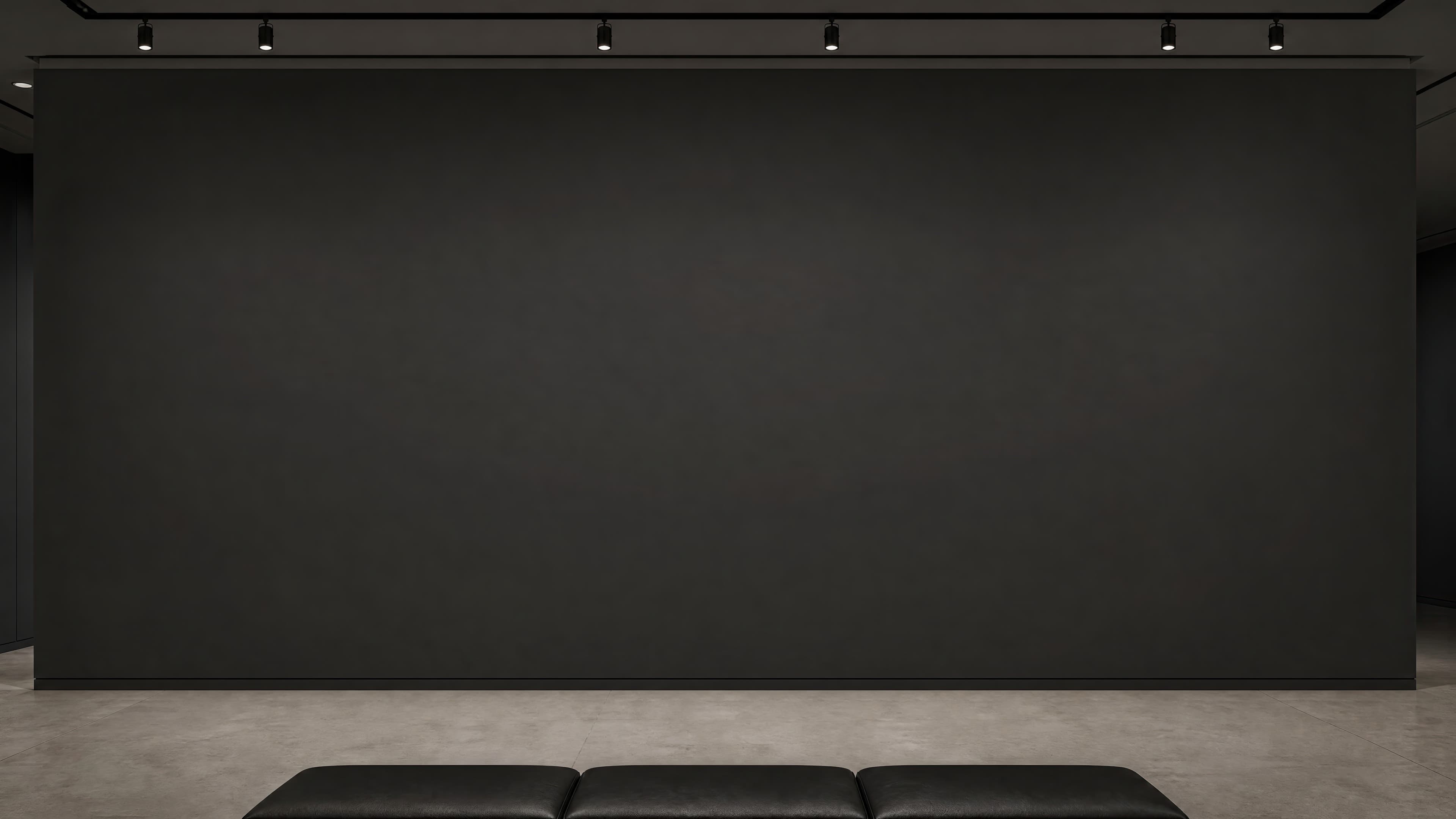 Dark charcoal gallery wall with an empty oversized display area under black track lights, ranked 20 among exhibition mockups