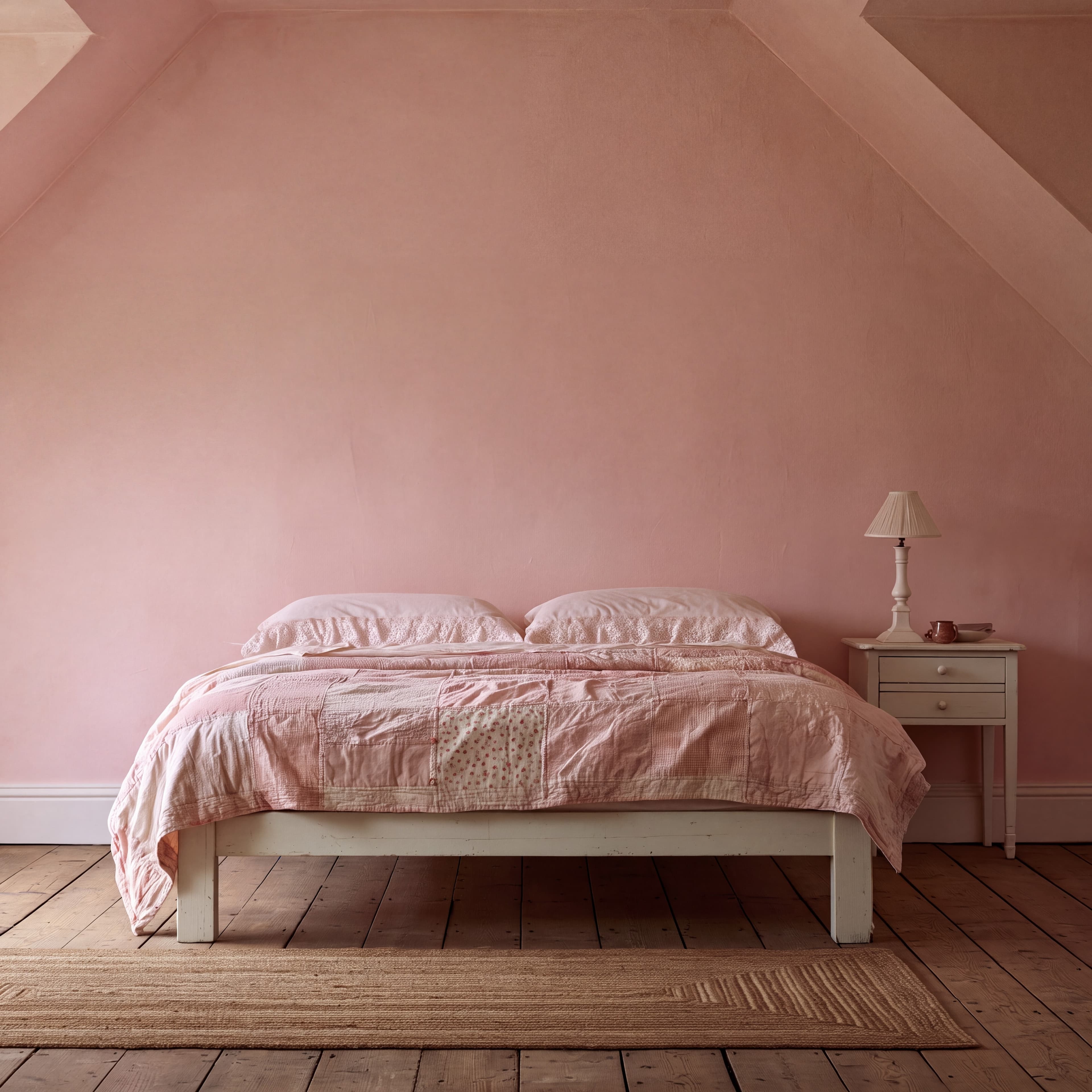 Cottage attic bedroom with a faded blush pink wall under sloped eaves, low wooden bed, patchwork quilt, and bedside lamp, ranked 8 among 11x17 poster mockups