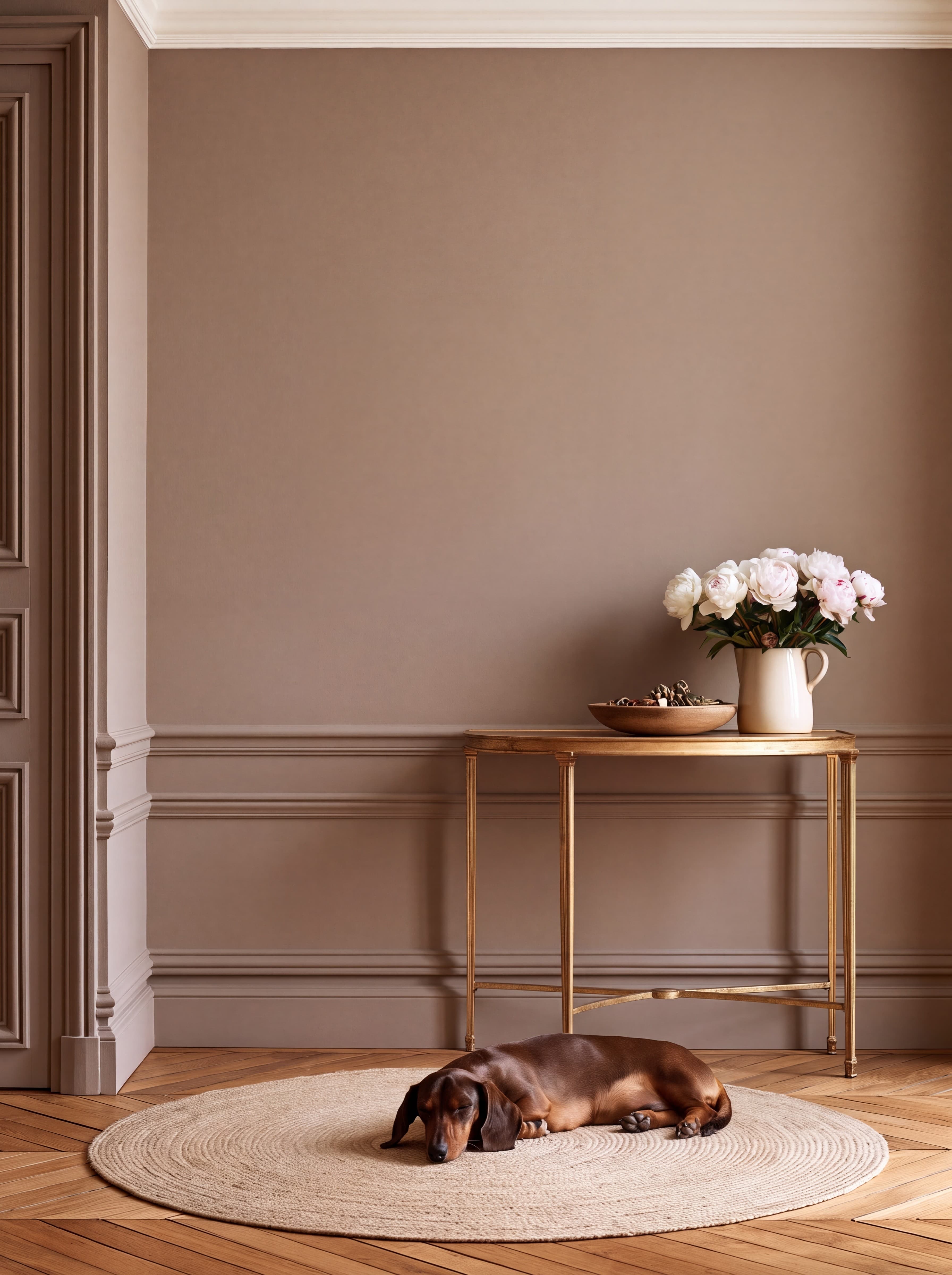 Parisian entry hall with a warm taupe paneled wall, gilded console with peonies, and a dachshund asleep on a round rug, ranked 9 among 11x17 poster mockups