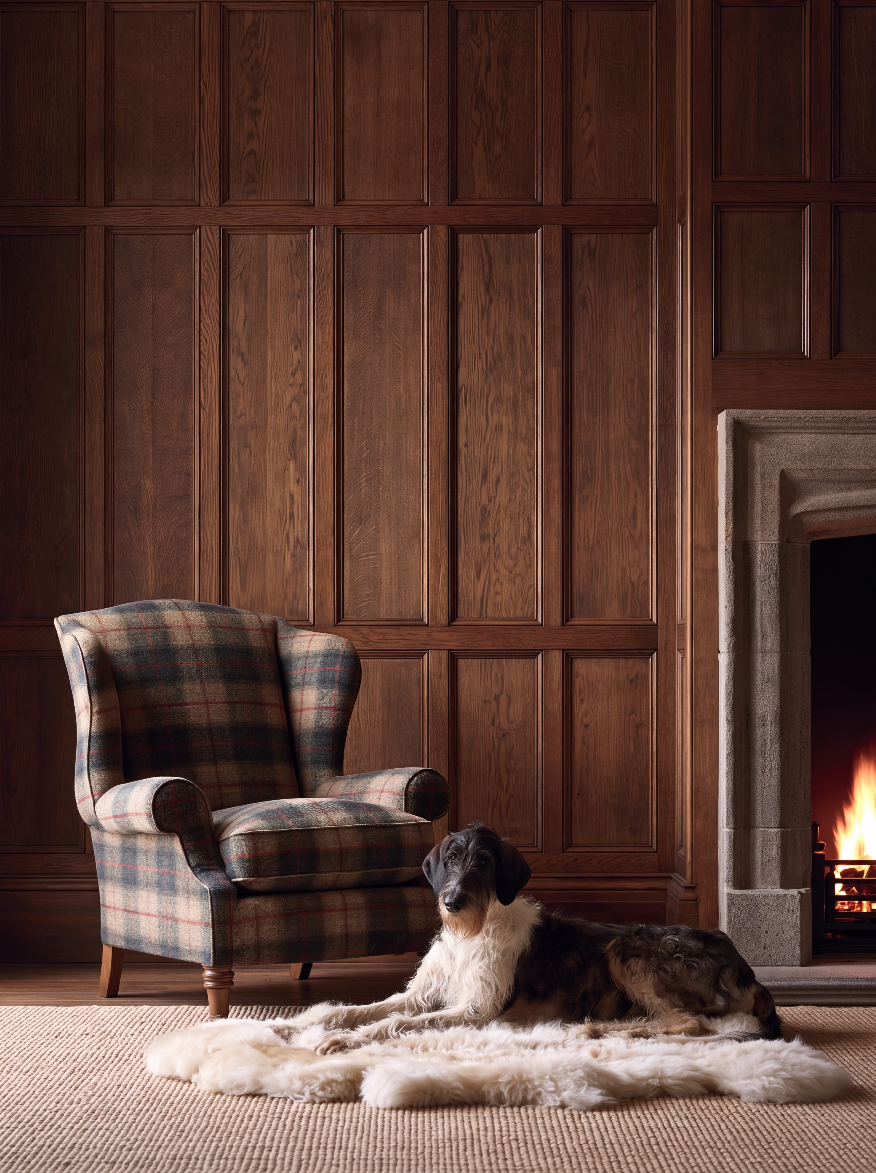Scottish country house den with dark oak paneling, tartan wingback armchair, lit stone fireplace, and a deerhound on a sheepskin, ranked 16 among 11x17 poster mockups