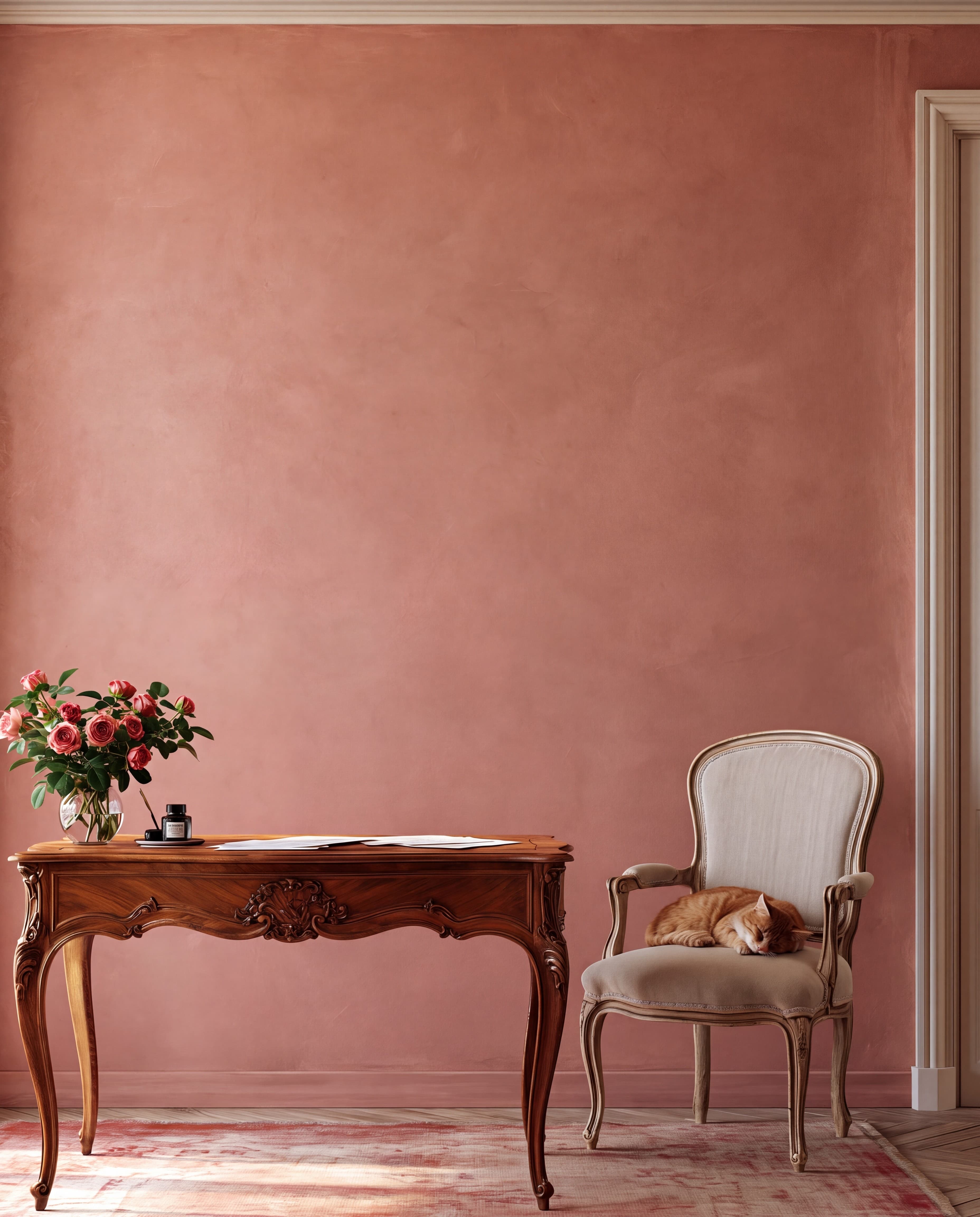 Parisian writing room with a dusty rose plaster wall, carved walnut desk with roses, and a ginger cat asleep on a Louis XV chair, ranked 12 among 11x17 poster mockups
