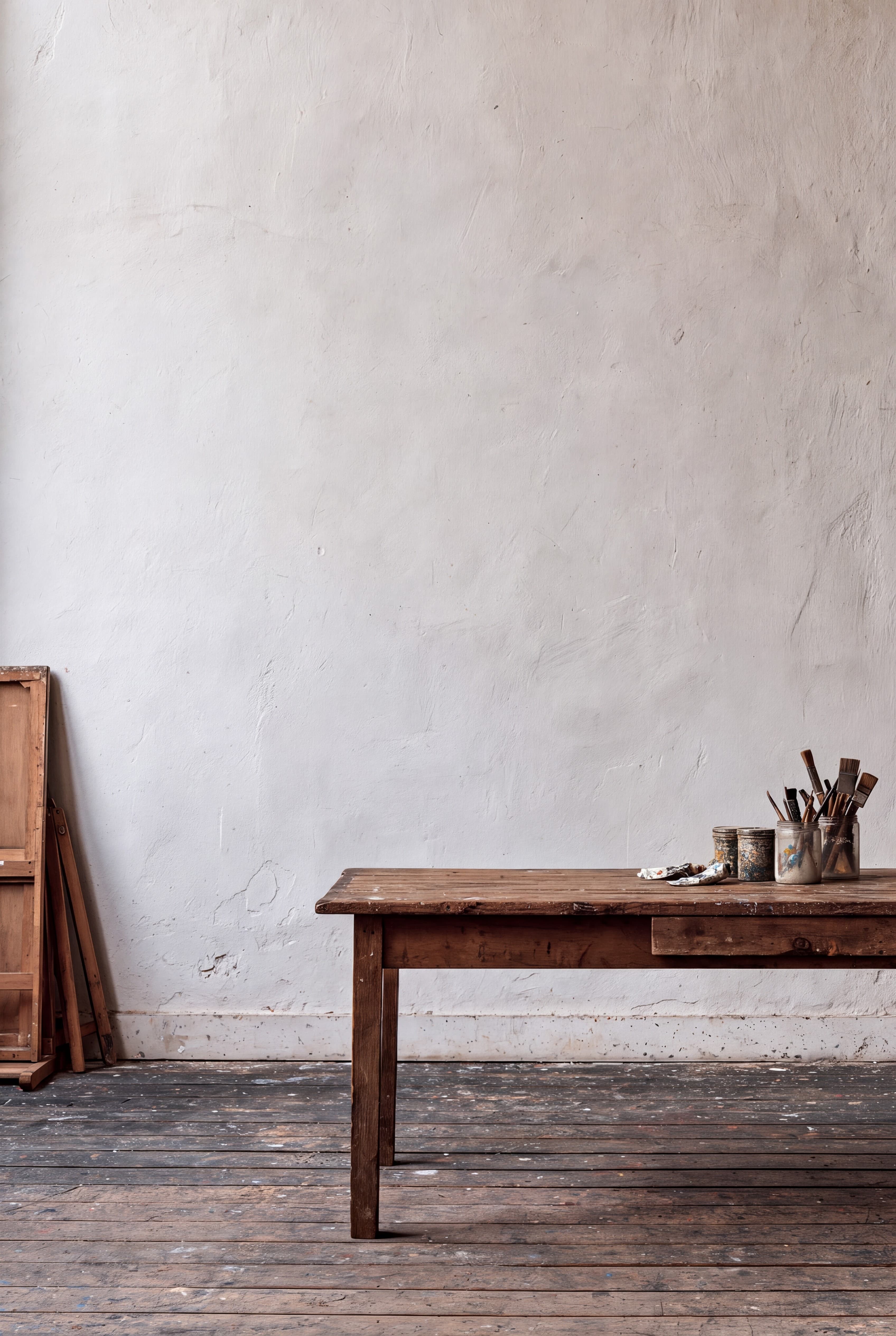 Parisian artist's atelier with a rough white plaster wall, worn worktable with brushes and paint jars, and a folded easel, ranked 13 among 11x17 poster mockups