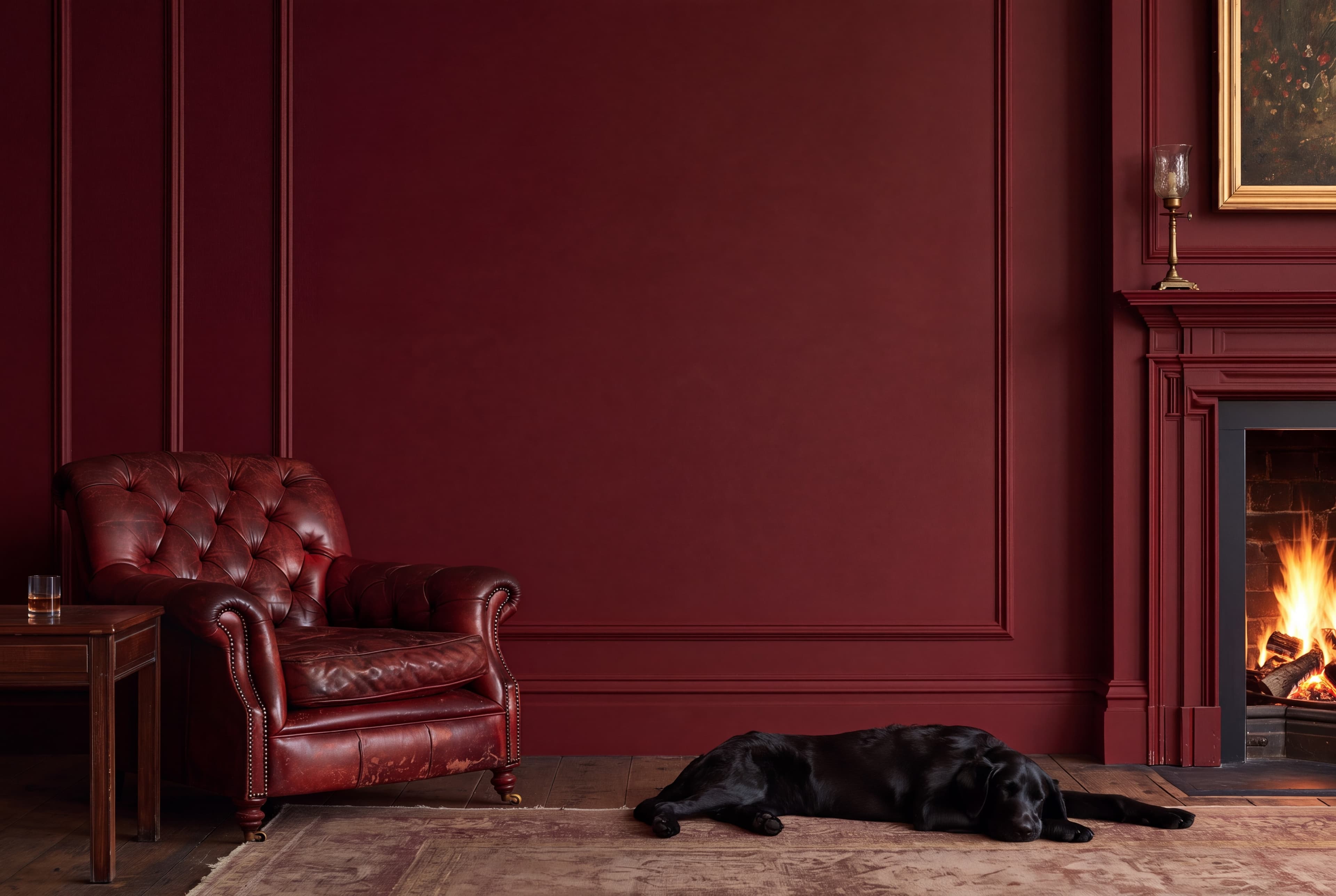 Victorian library study with an oxblood paneled wall, leather Chesterfield armchair, lit fireplace, and a black labrador on the rug, ranked 15 among 11x17 poster mockups