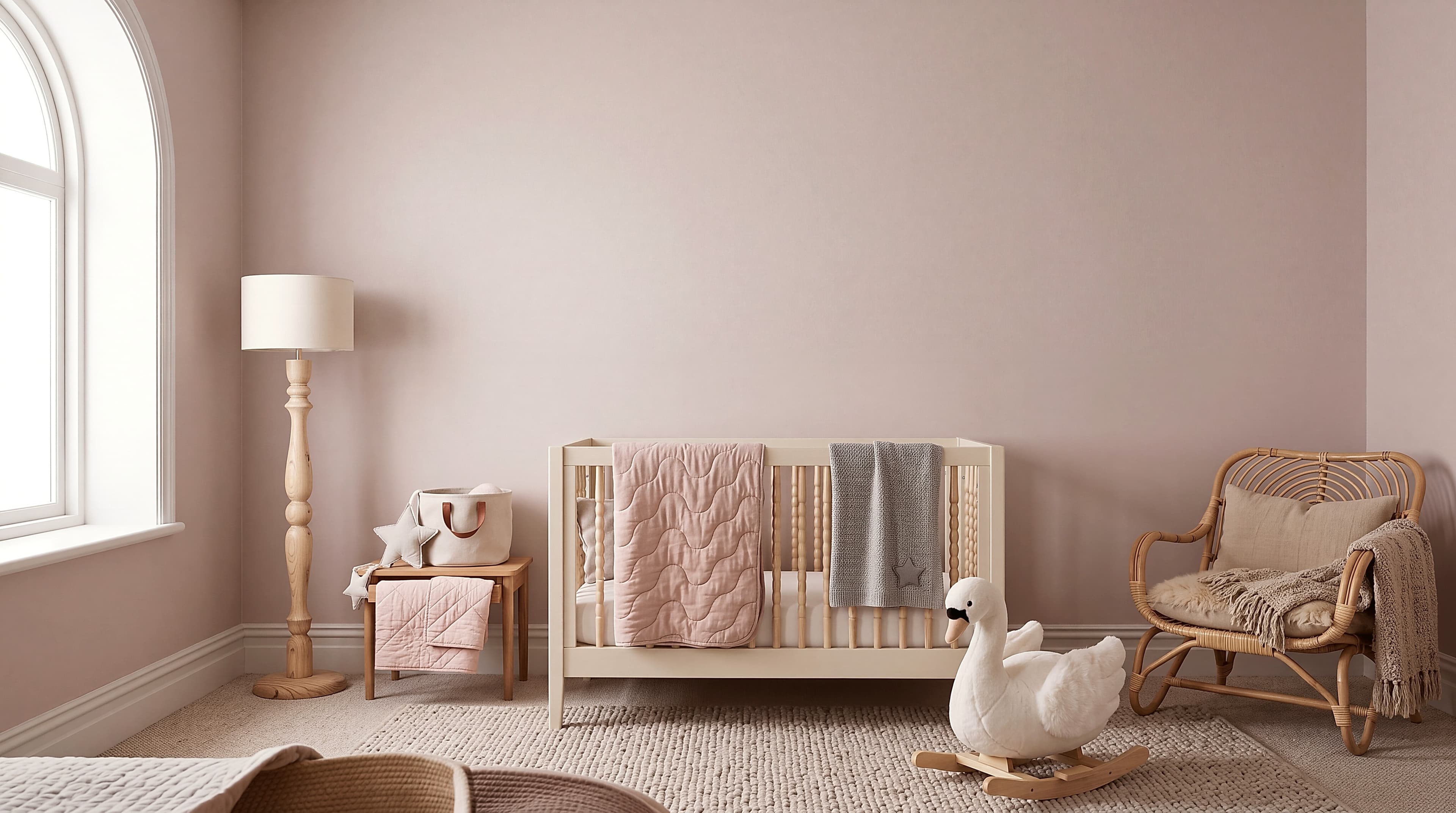 Scandinavian Kids with cream painted wood nursery crib with turned vertical spindles and plush white swan rocking toy on wooden runners, ranked 15 among nursery mockups