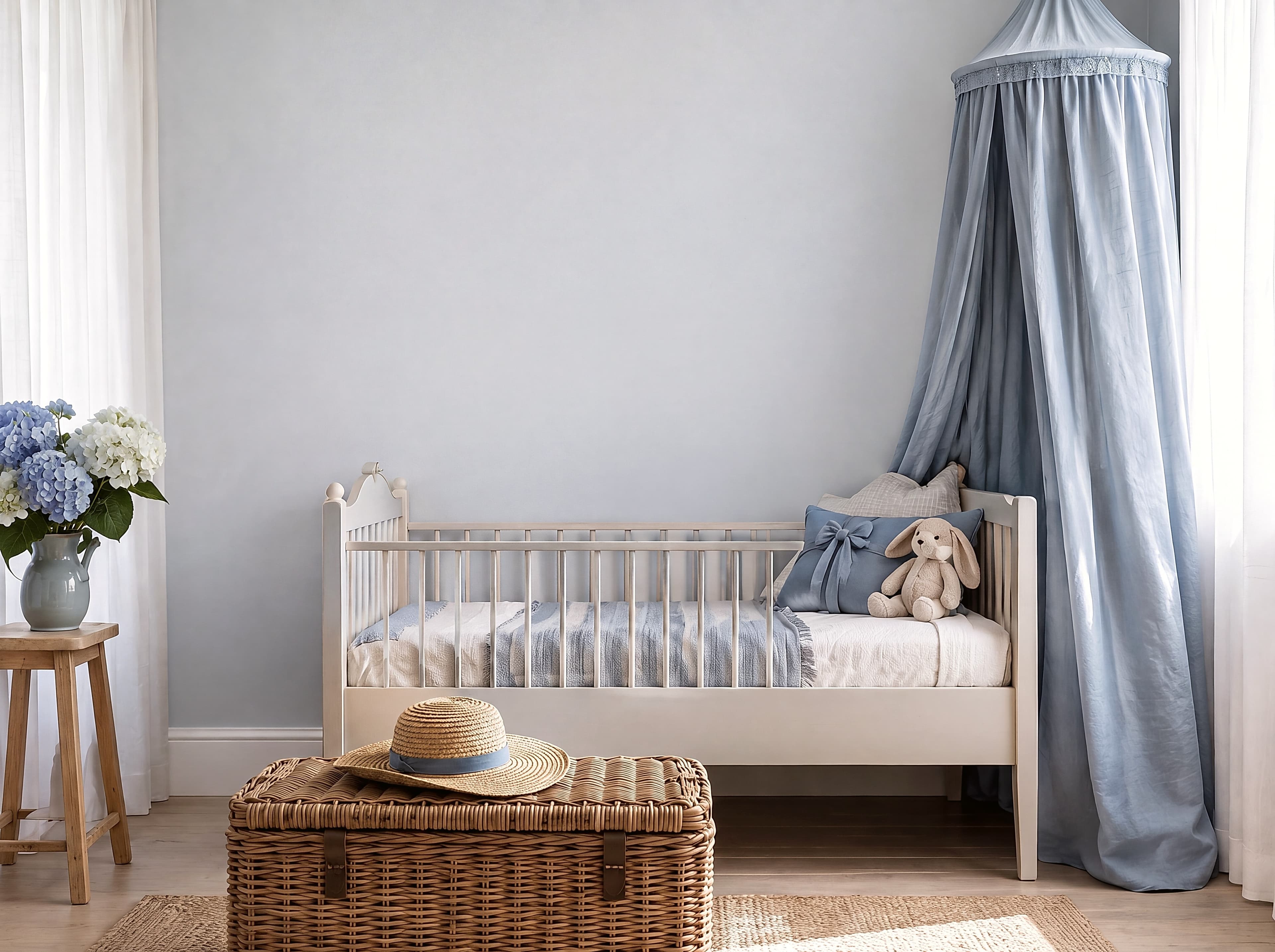 Scandinavian Kids with nursery bed with blue canopy and woven rattan storage trunk with straw hat, ranked 17 among nursery mockups