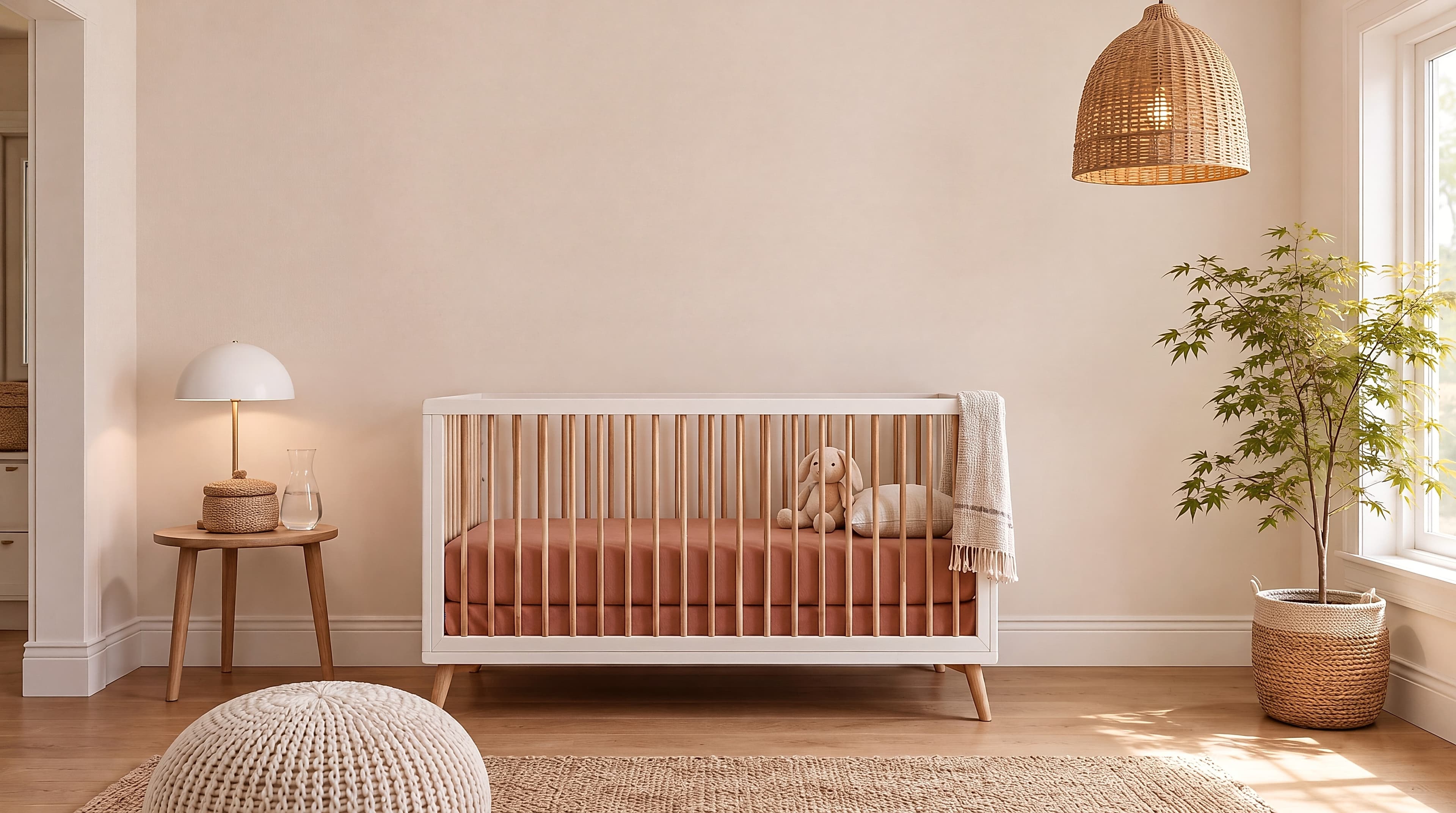 Scandinavian Kids with white lacquered crib with light natural oak vertical spindles and spherical cream wool knitted pouf ottoman, ranked 19 among nursery mockups