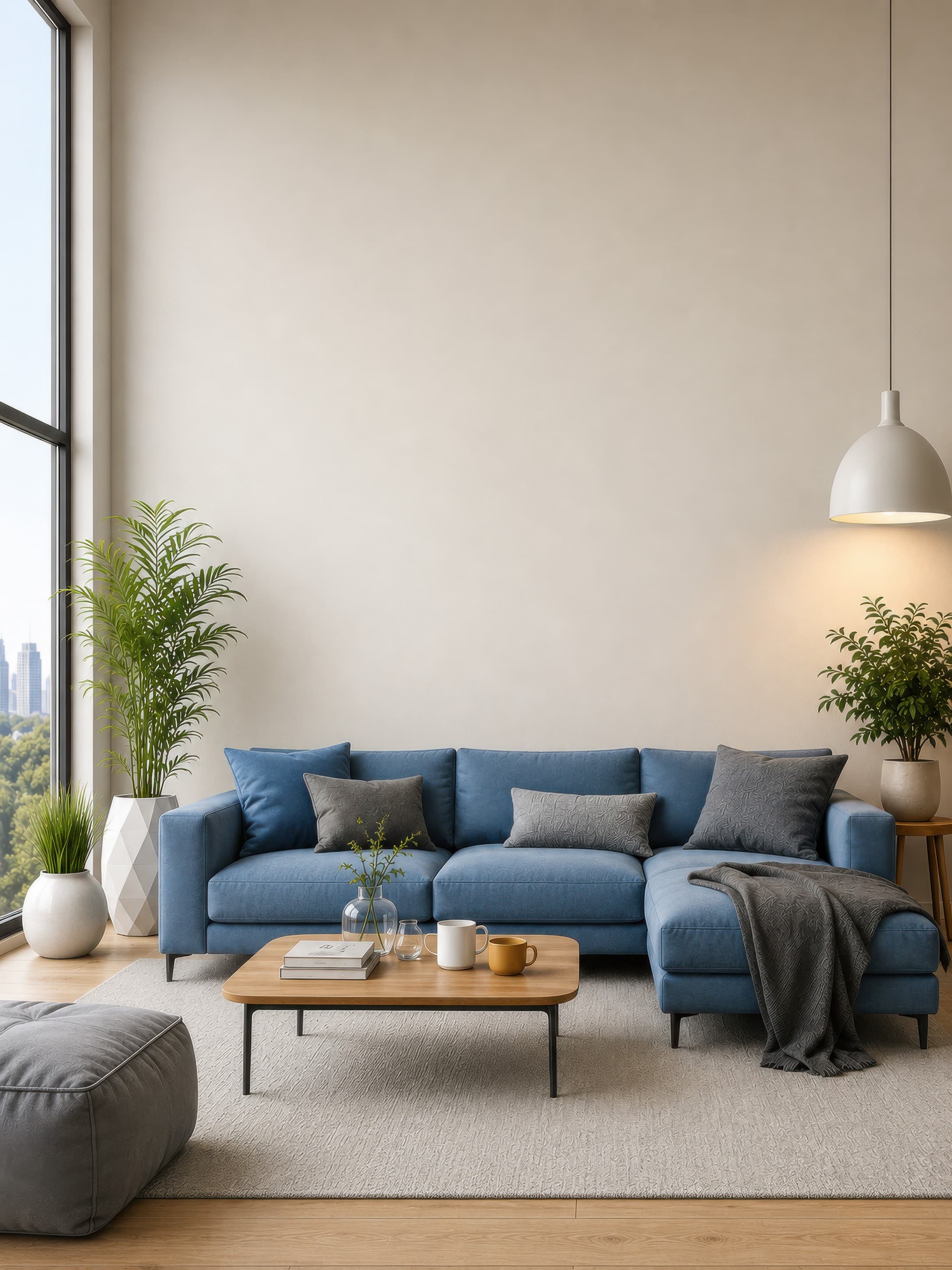 Bright modern living room with an empty warm off-white wall above a blue sectional sofa, large window, plants, and pendant lamp, ranked 8 among triptych mockups