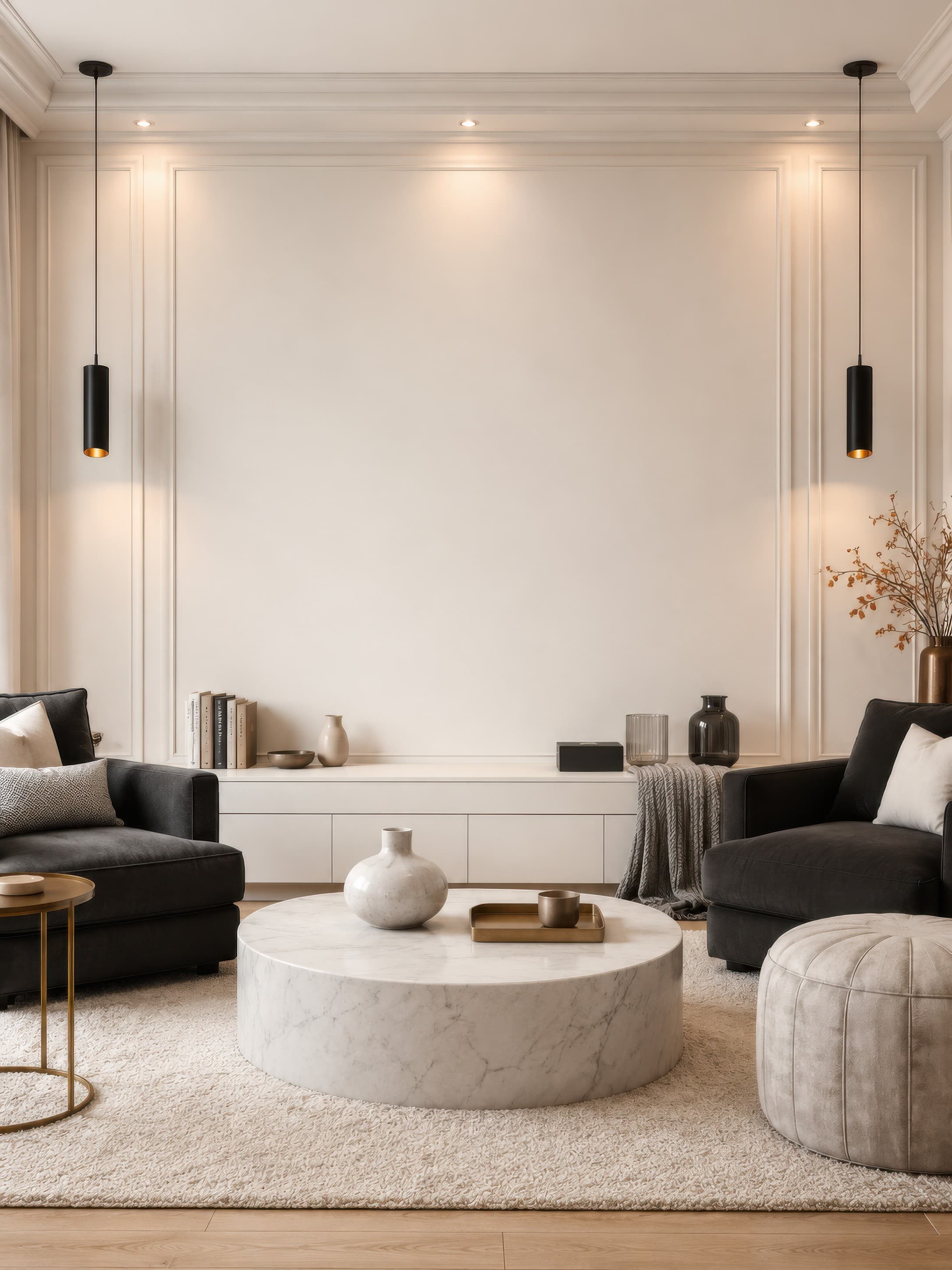 Elegant classic living room with an empty warm ivory paneled wall between charcoal lounge chairs, ranked 7 among triptych mockups