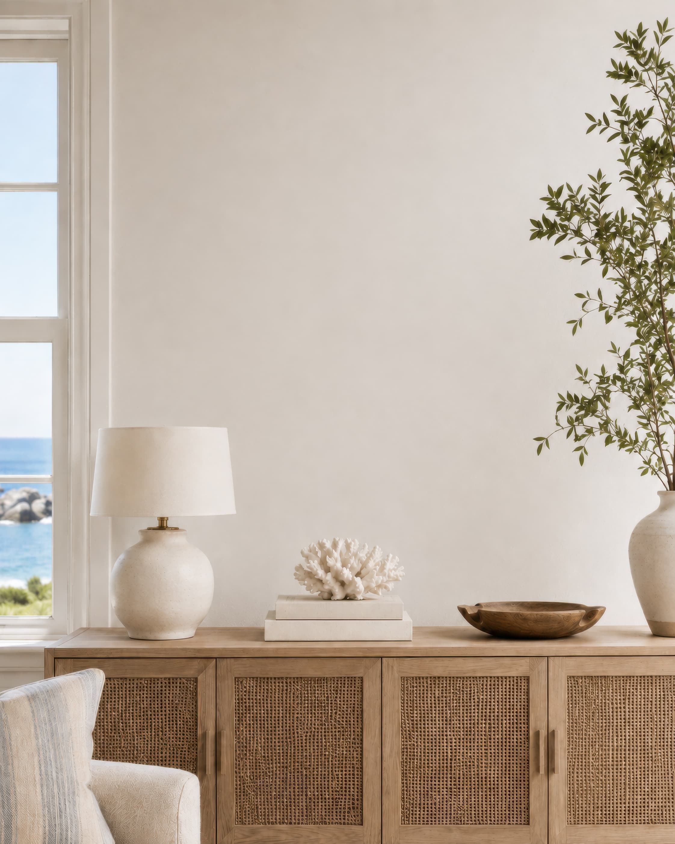 Bright coastal living room wall with a rattan console, ocean-view window, ceramic lamp, and soft neutral styling., ranked 17 among living-room mockups