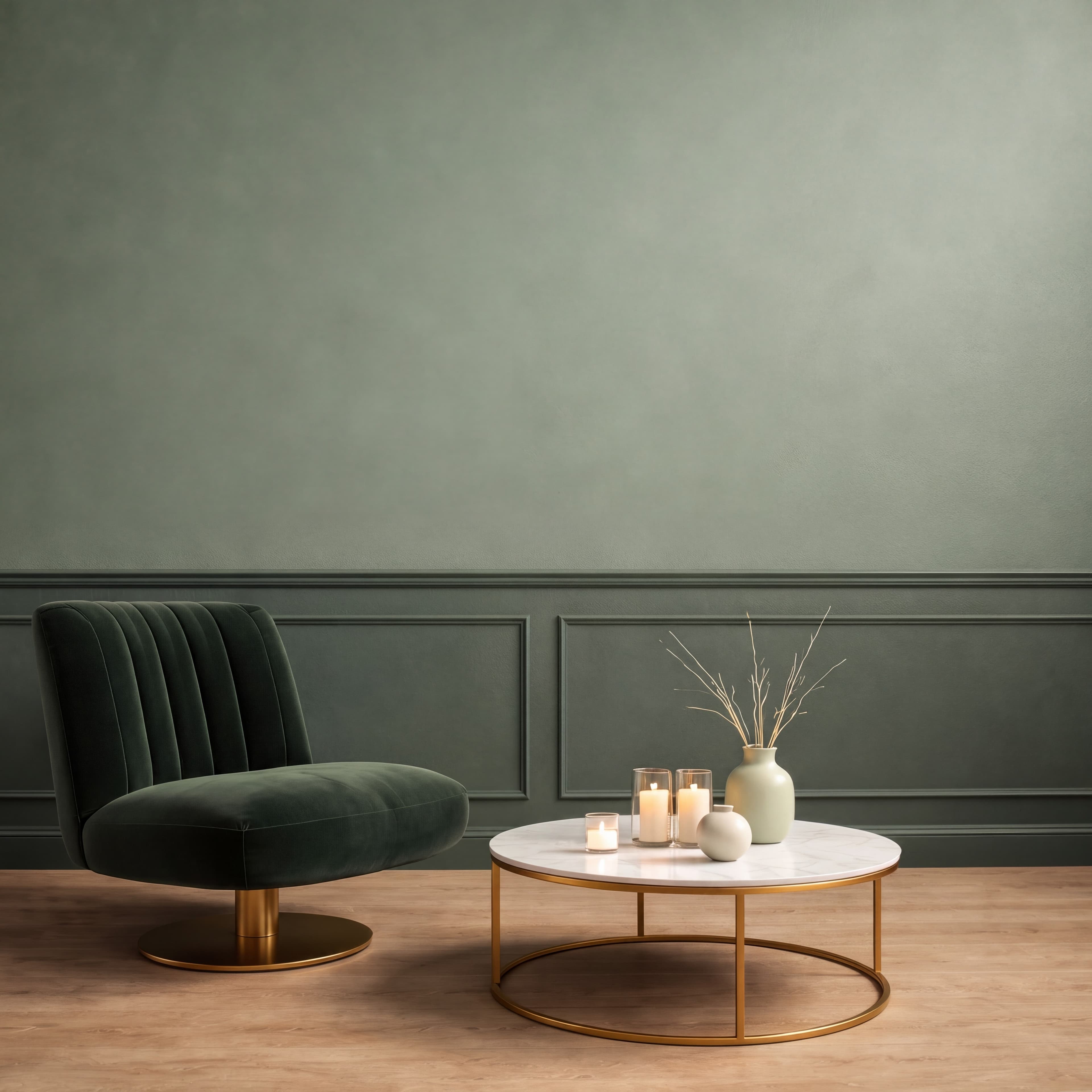Elegant living room with green accents, ranked 7 among art deco mockups