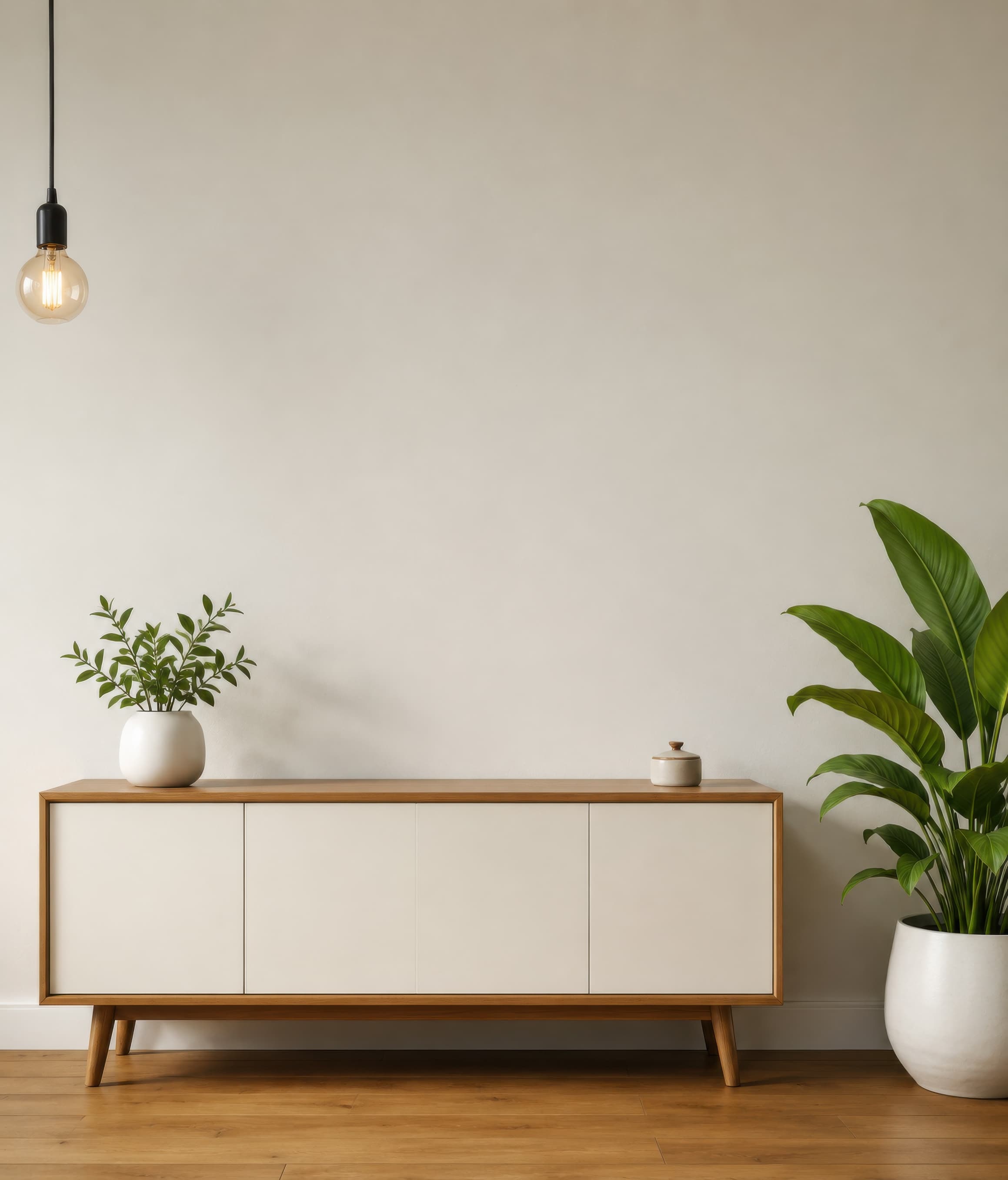 Minimal Scandinavian console wall with a warm wood sideboard, pendant bulb, and large right-side plant., ranked 15 among triptych mockups