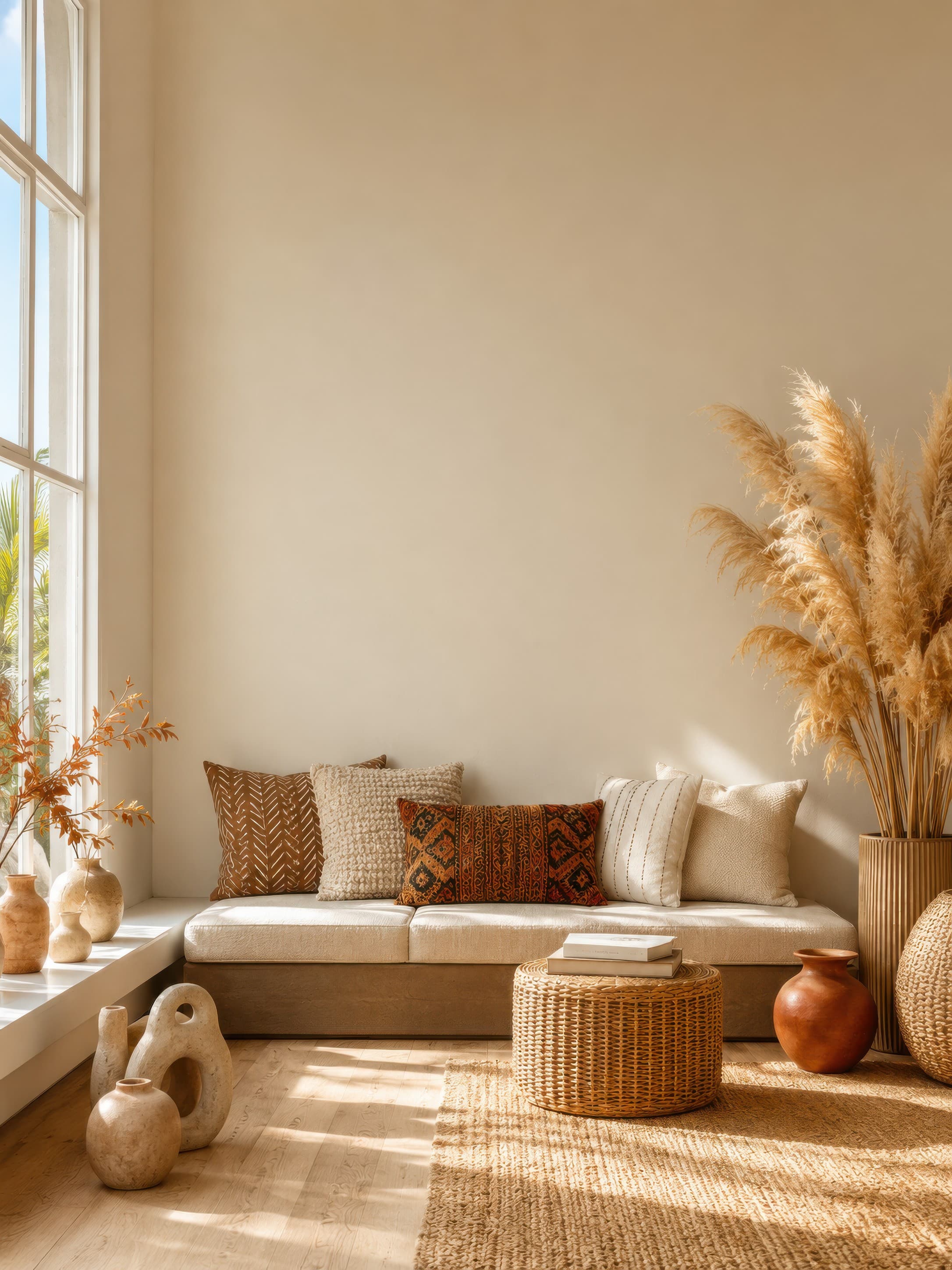 Sunlit boho living room with an empty warm ivory wall above a built-in bench and pampas decor, ranked 18 among triptych mockups