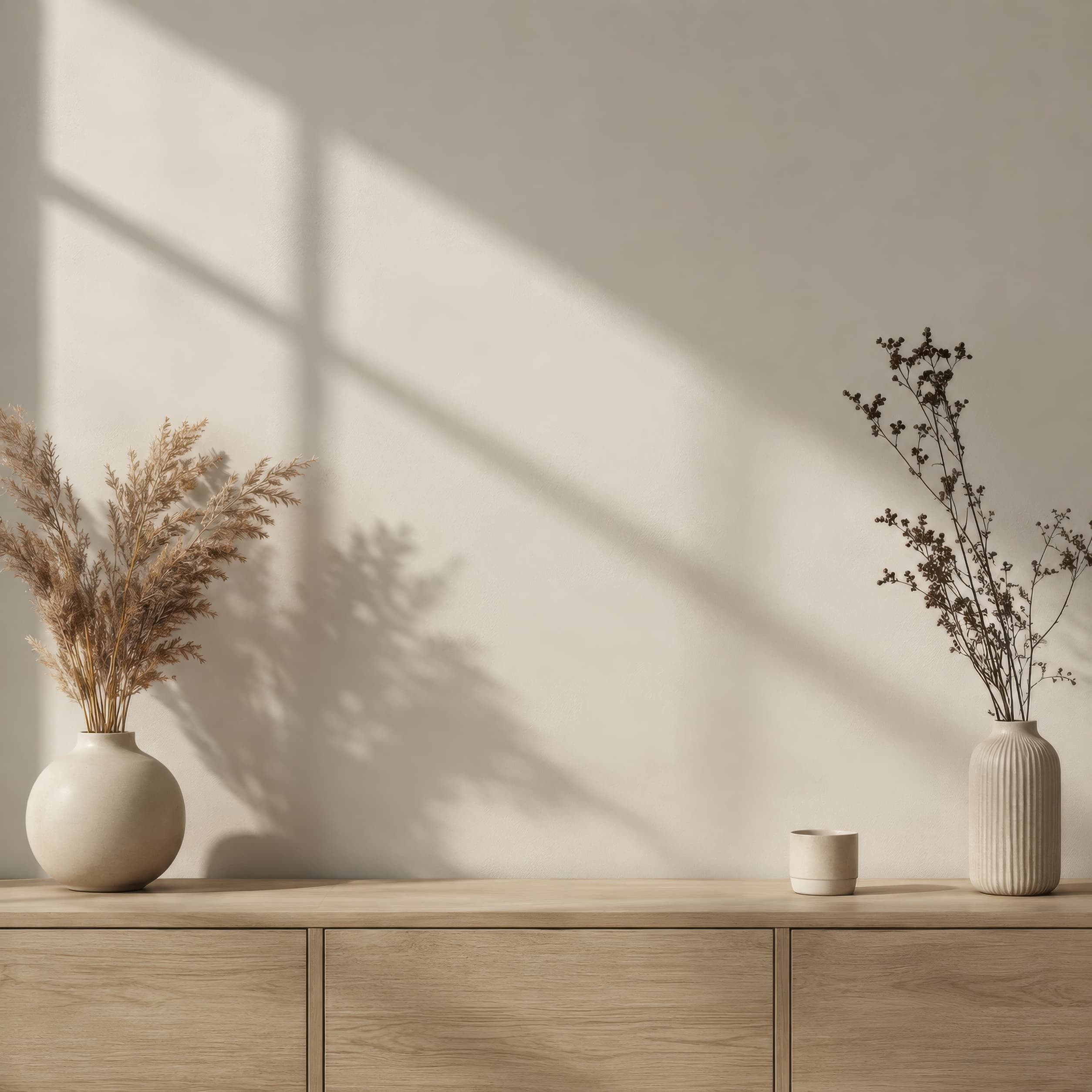 Minimal sunlit Scandinavian console wall mockup with diagonal window shadows and neutral ceramic decor, ranked 4 among triptych mockups