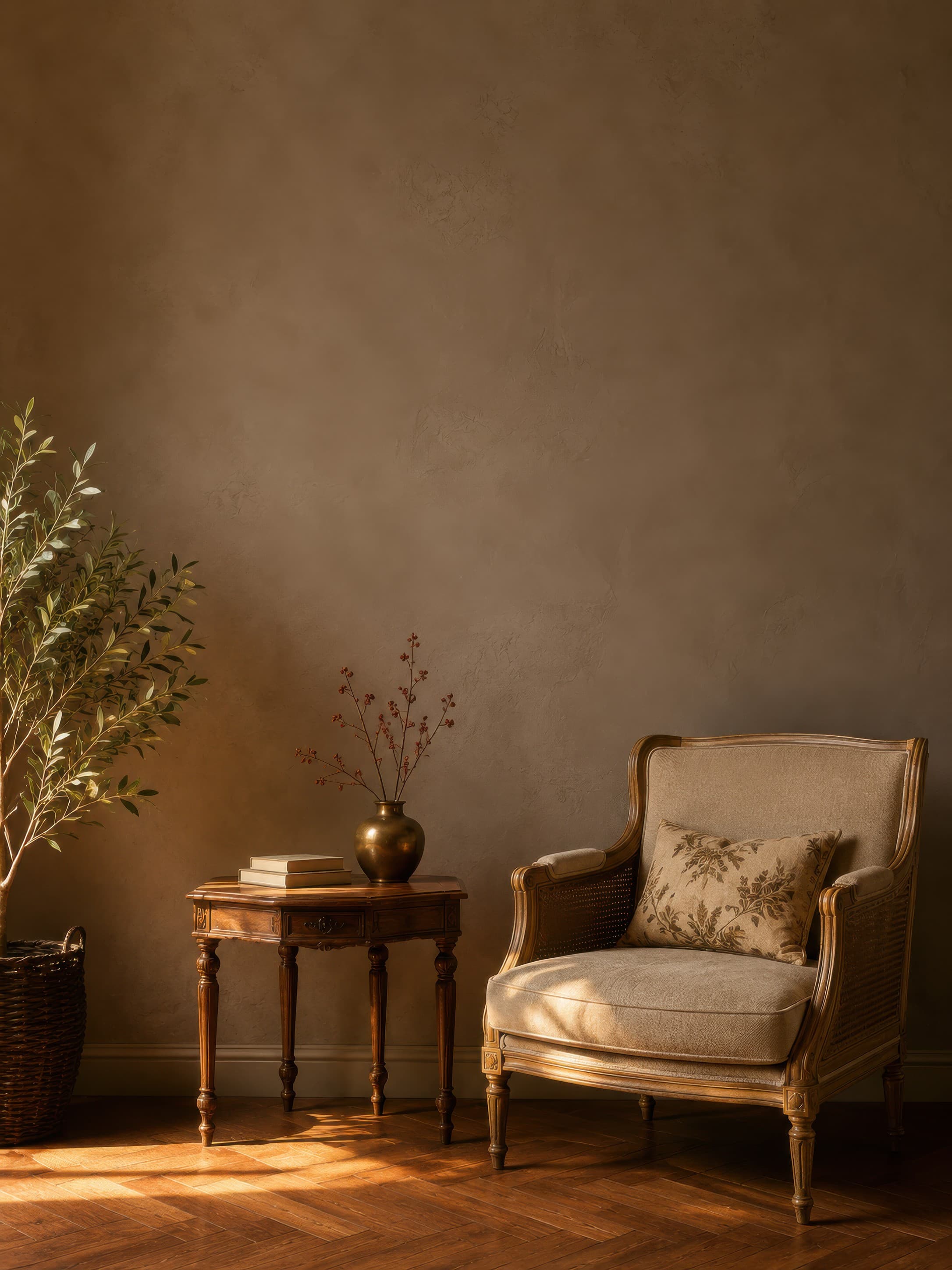 Warm vintage living room corner with an empty taupe plaster wall above an antique table and cane armchair, ranked 19 among living-room mockups