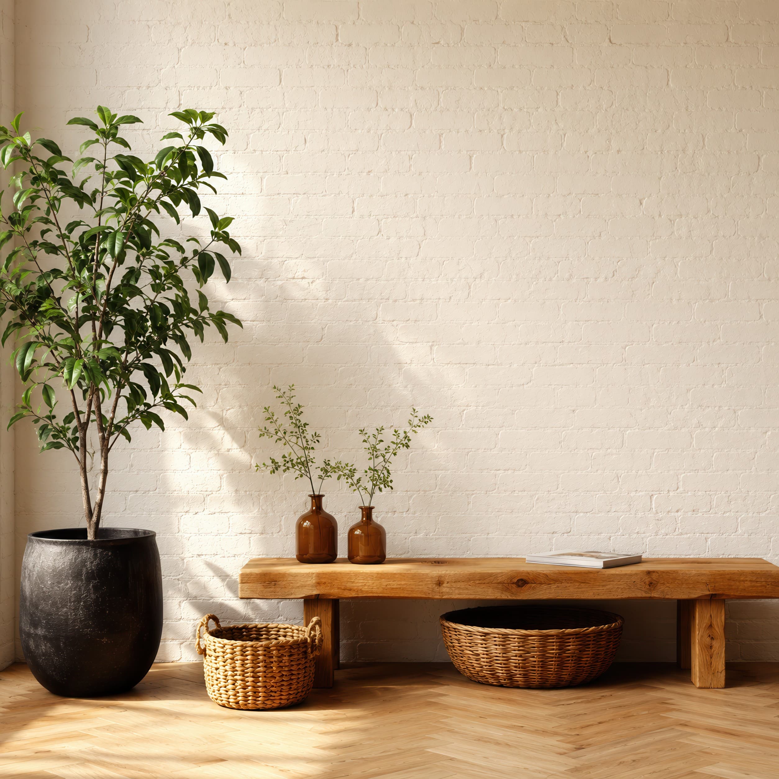 Warm sunlit living room with an empty white painted brick wall above a honey wood bench and tall indoor plant, ranked 20 among living-room mockups