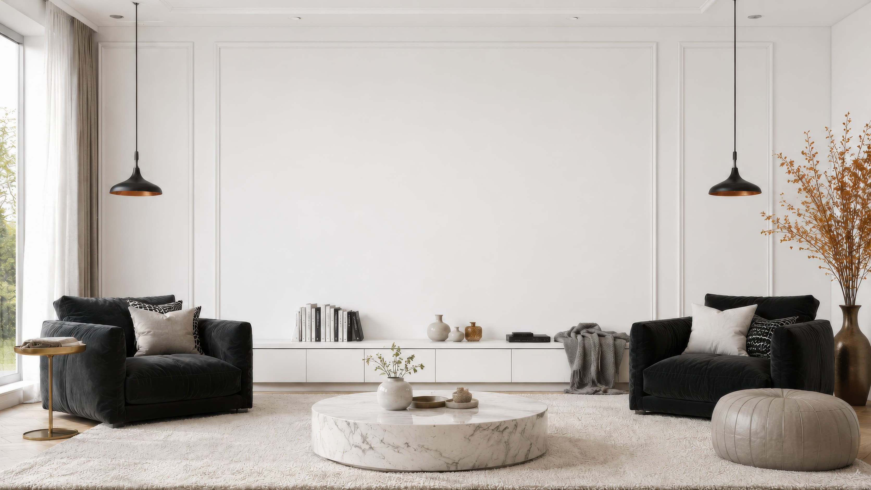 Bright modern-classic living room with an empty white paneled wall, black lounge chairs, marble table, and soft neutral decor, ranked 17 among triptych mockups