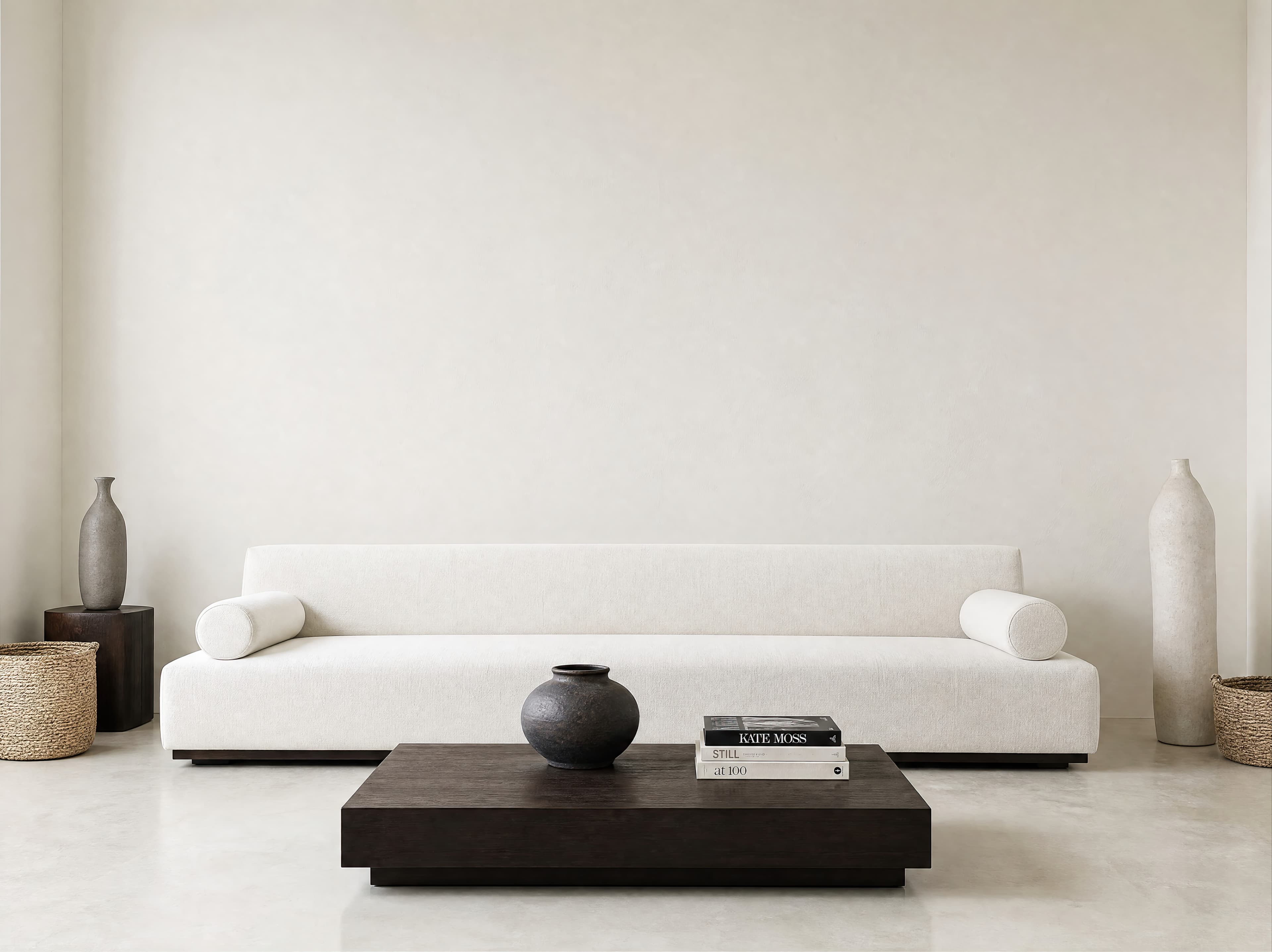 Spacious minimalist living room with a broad warm-white wall above a low sculptural sofa, ranked 13 among triptych mockups