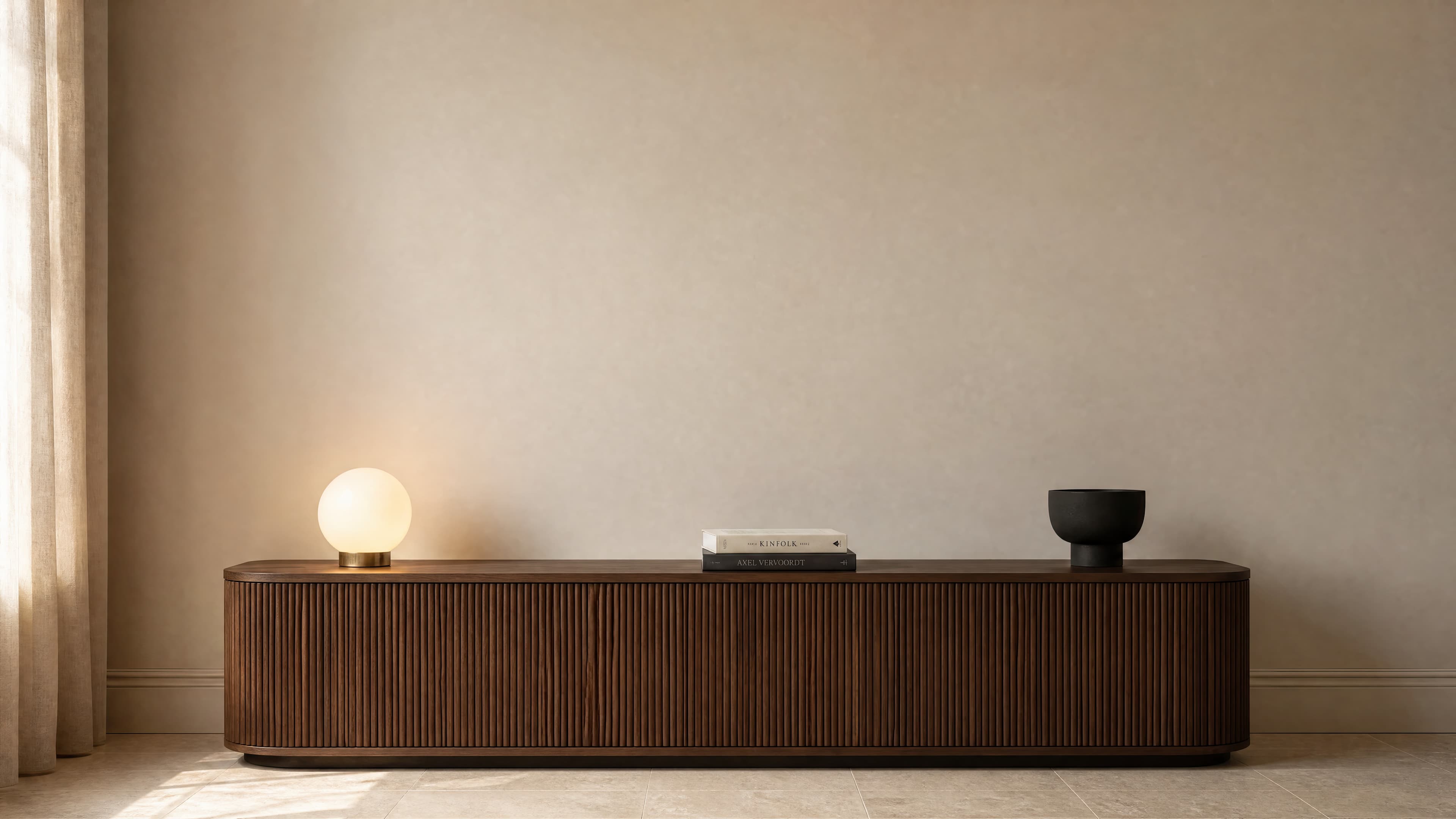 Refined minimalist interior with an empty mushroom wall above a long fluted walnut console, ranked 20 among triptych mockups