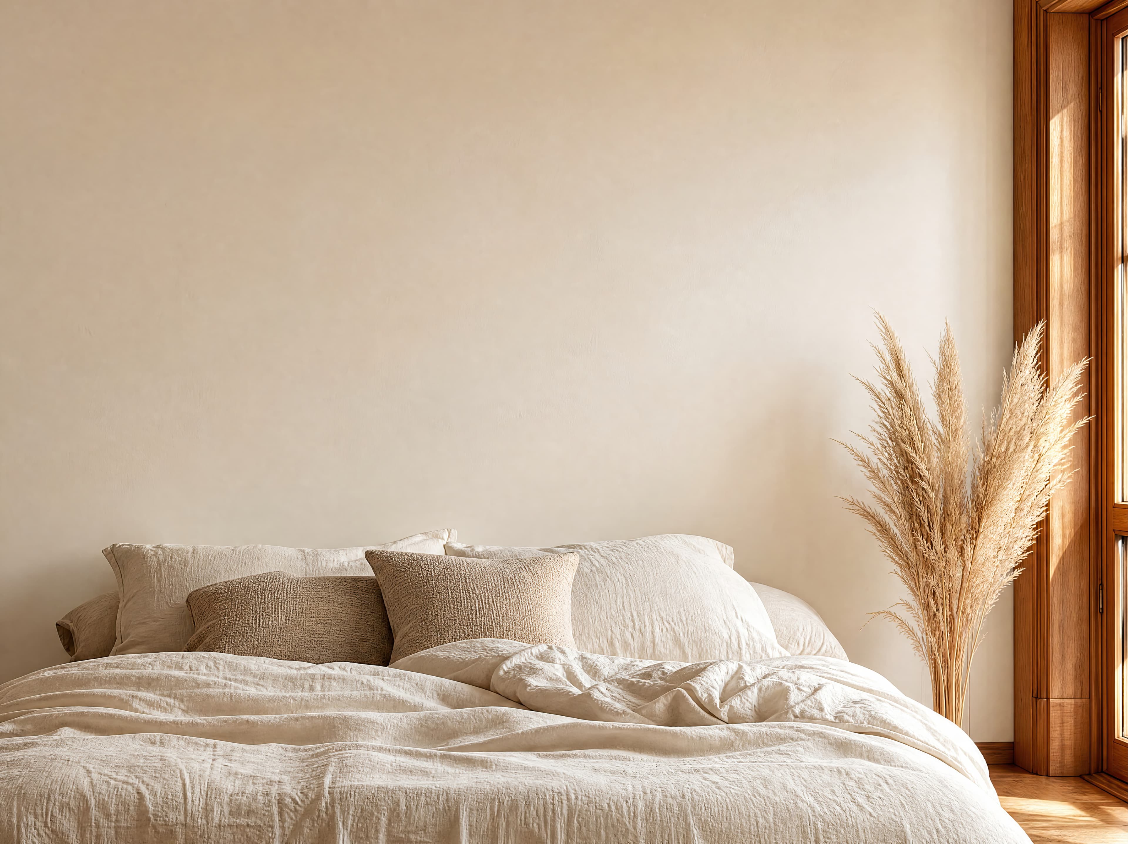 Soft warm-neutral bedroom with an expansive creamy wall above relaxed linen bedding, ranked 2 among triptych mockups