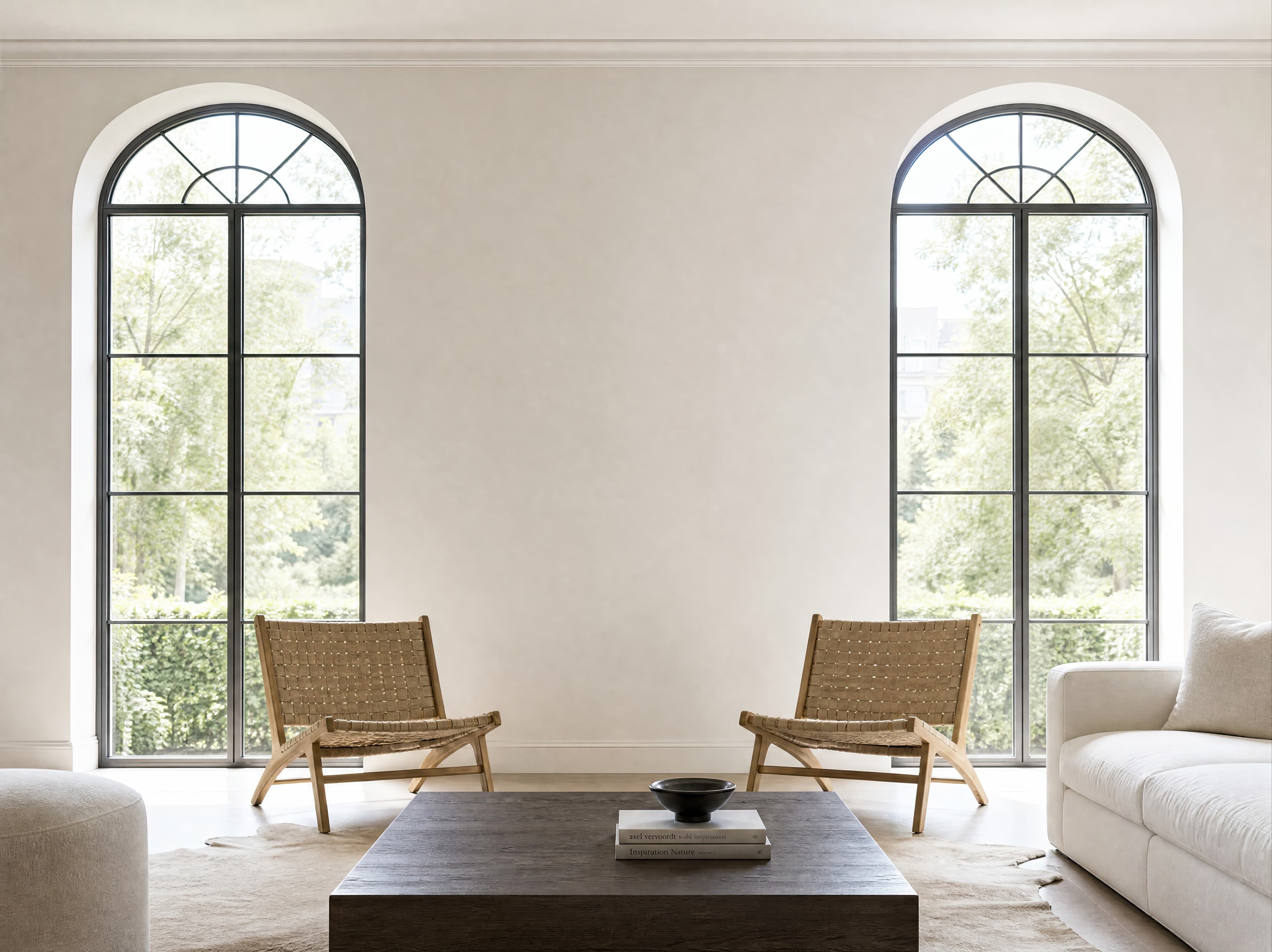 Bright living room with an empty white wall centered between two tall black-framed arched windows, ranked 12 among triptych mockups
