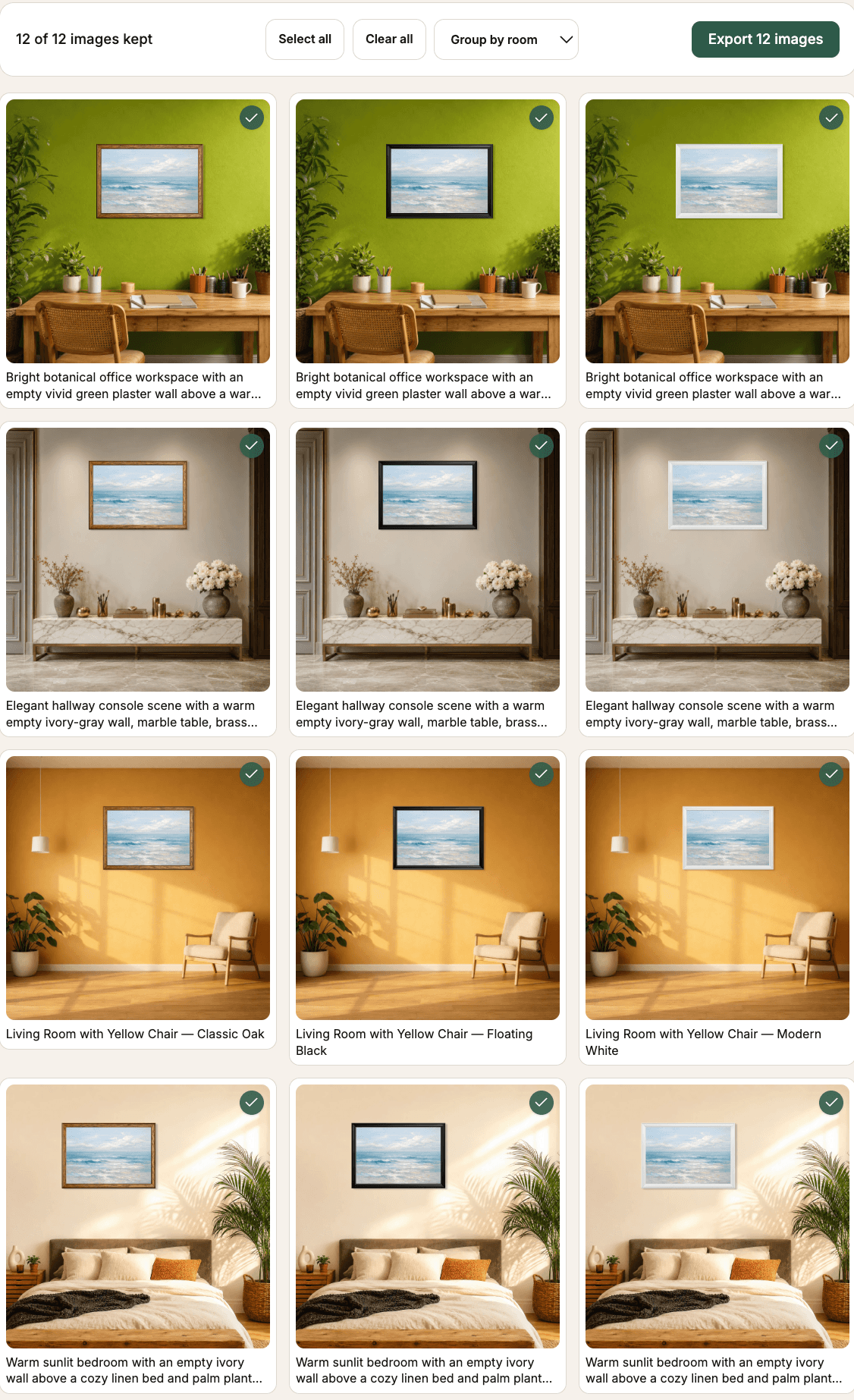 12 wall art mockups grouped as 4 room rows with 3 frame variants in each row