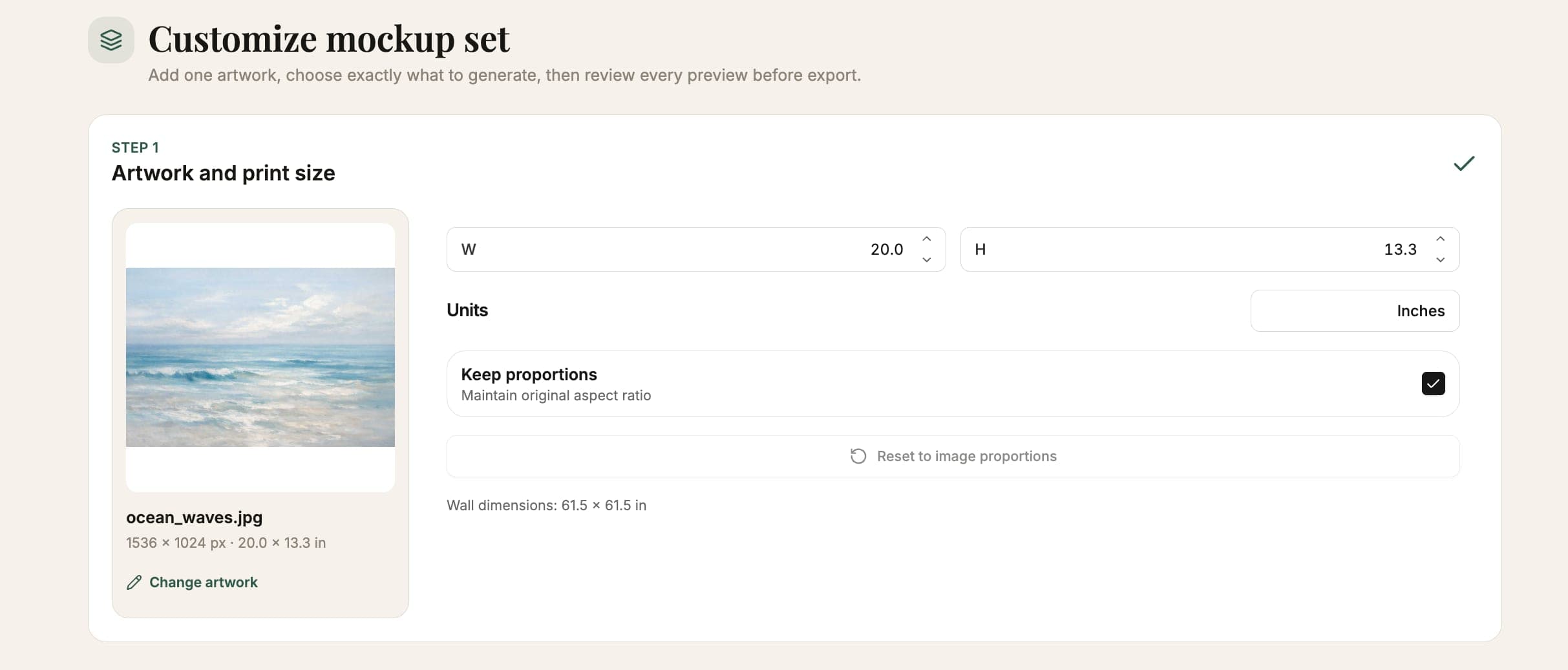 Bulk Mockup Generator step 1: artwork upload with print width and height controls