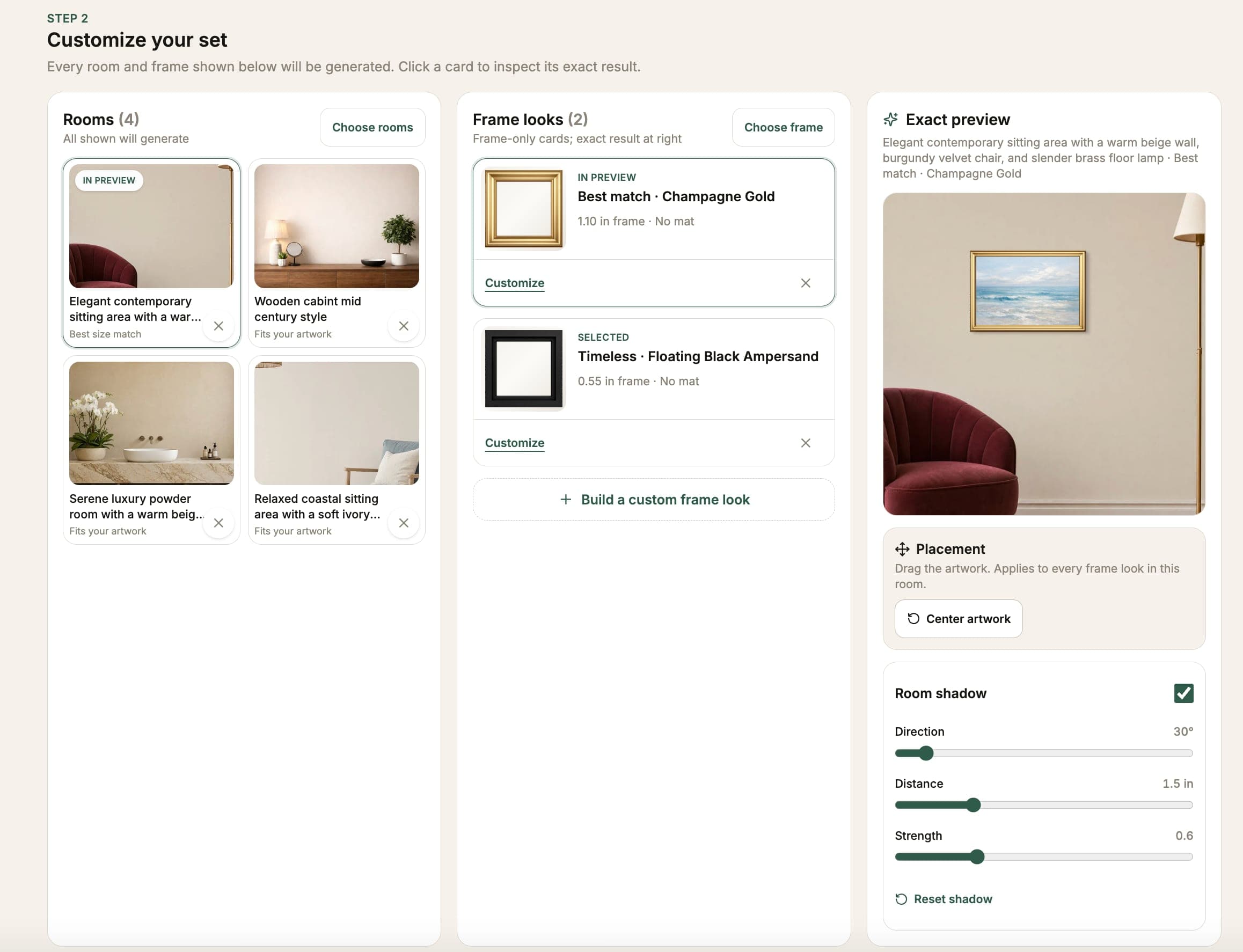 Bulk Mockup Generator step 2: rooms, frame looks, and an exact combination preview