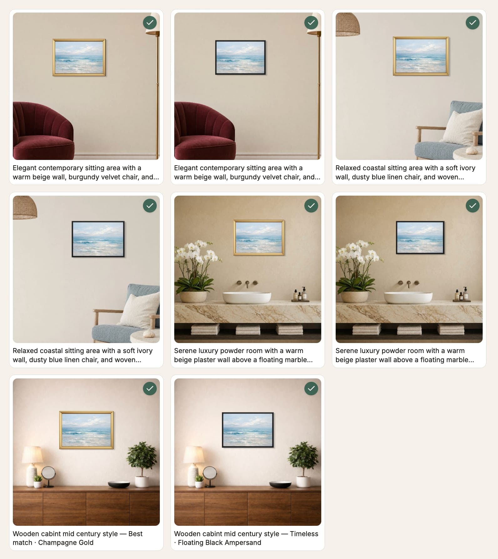 Bulk Mockup Generator step 3: a grid of generated room and frame combinations ready for export