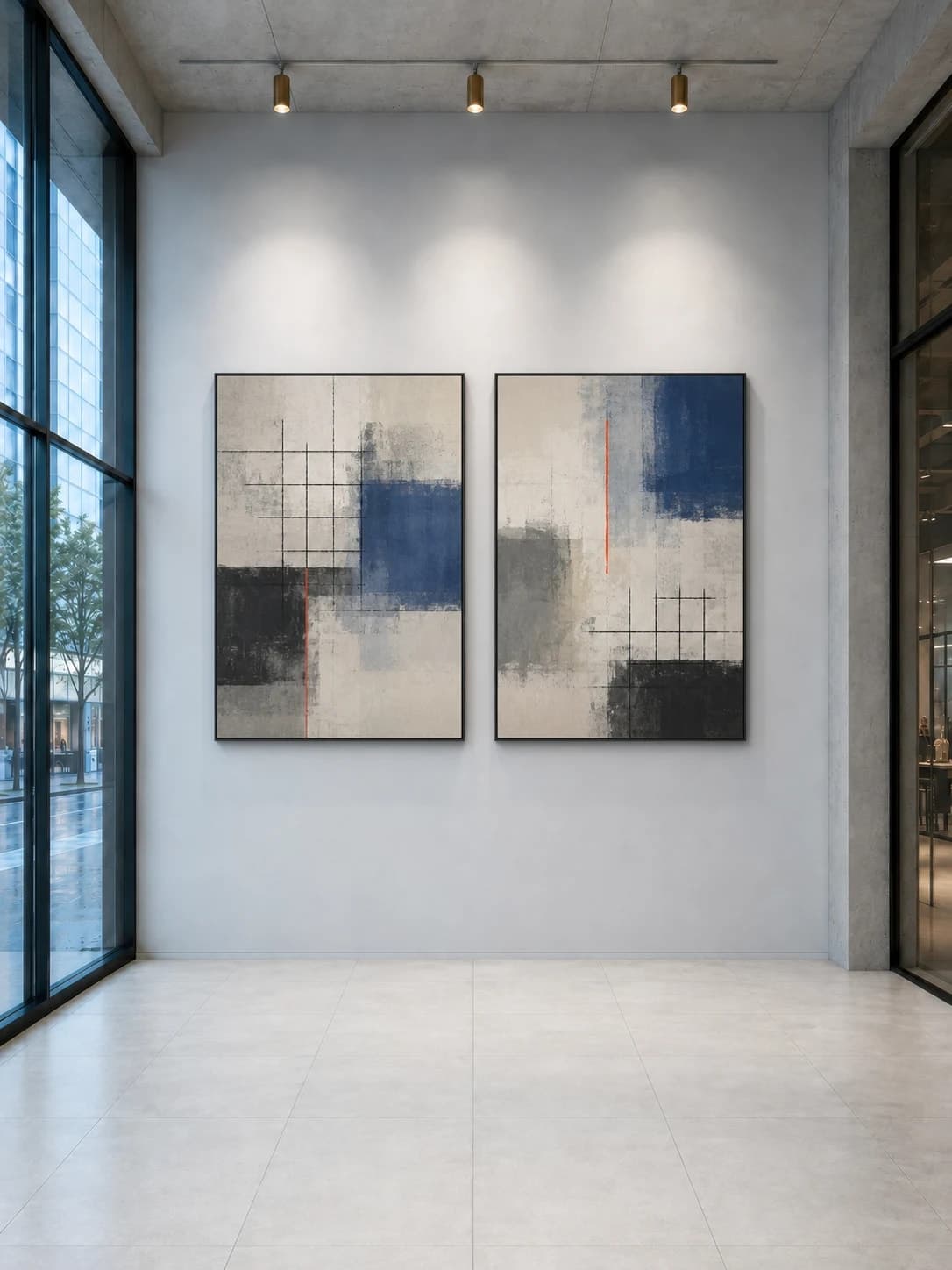 Pair of blue-gray abstract works in thin black frames in a modern glass gallery corridor