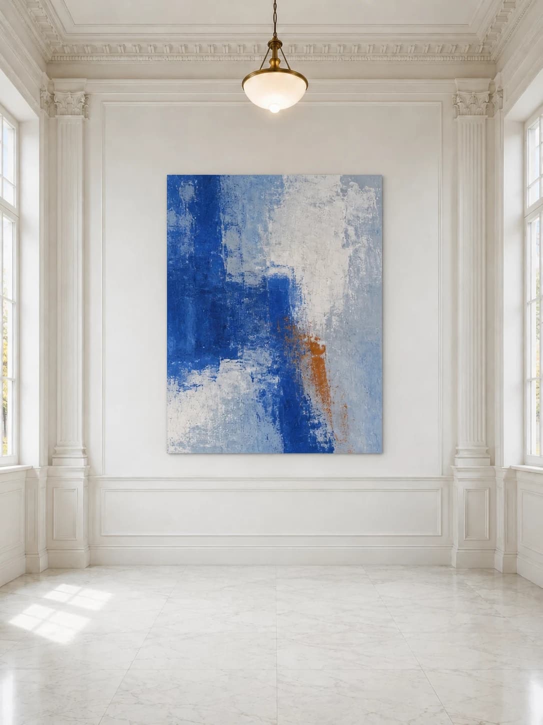 Large unframed blue abstract painting in a bright neoclassical gallery