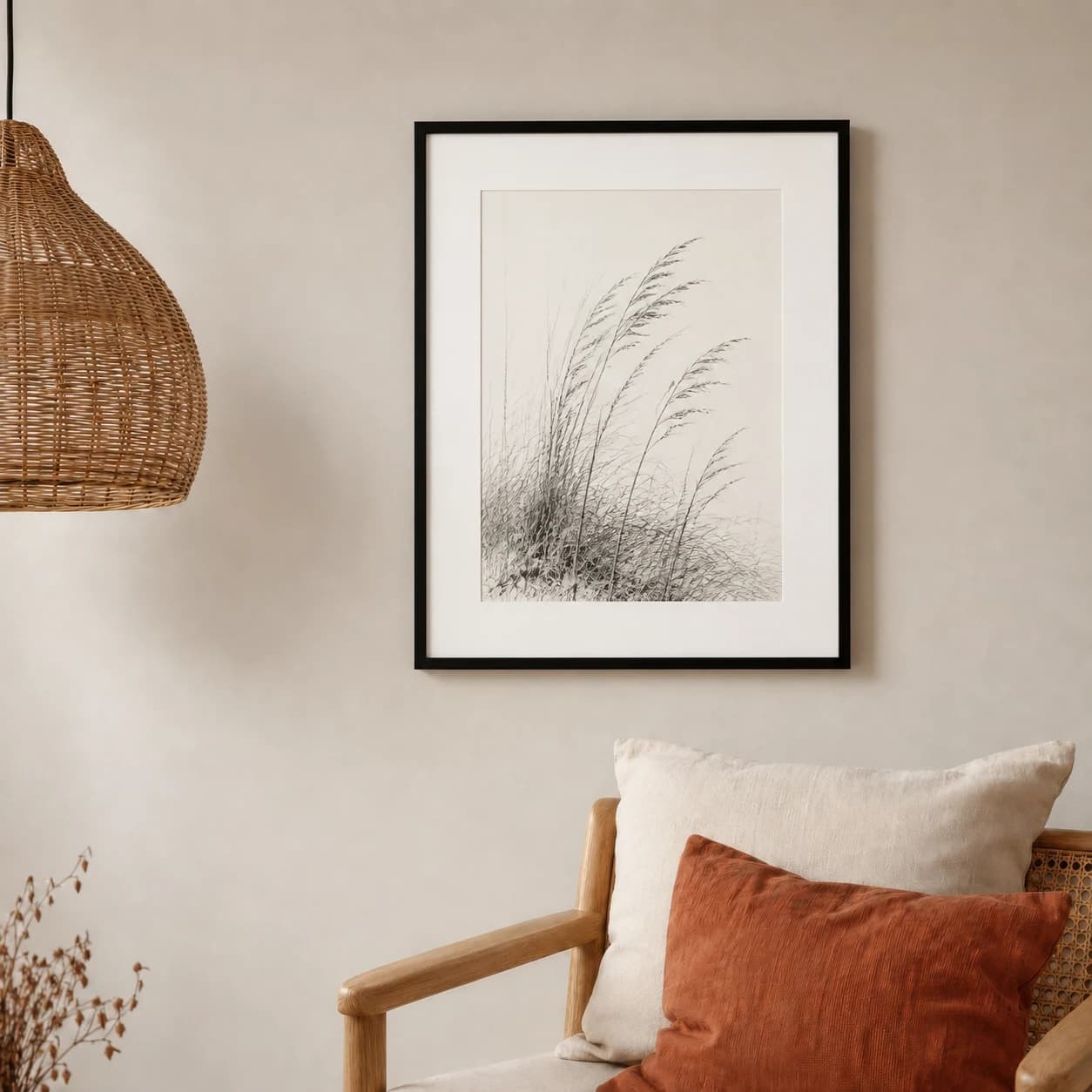 Fine coastal grass drawing in a black matted frame above a Scandinavian chair