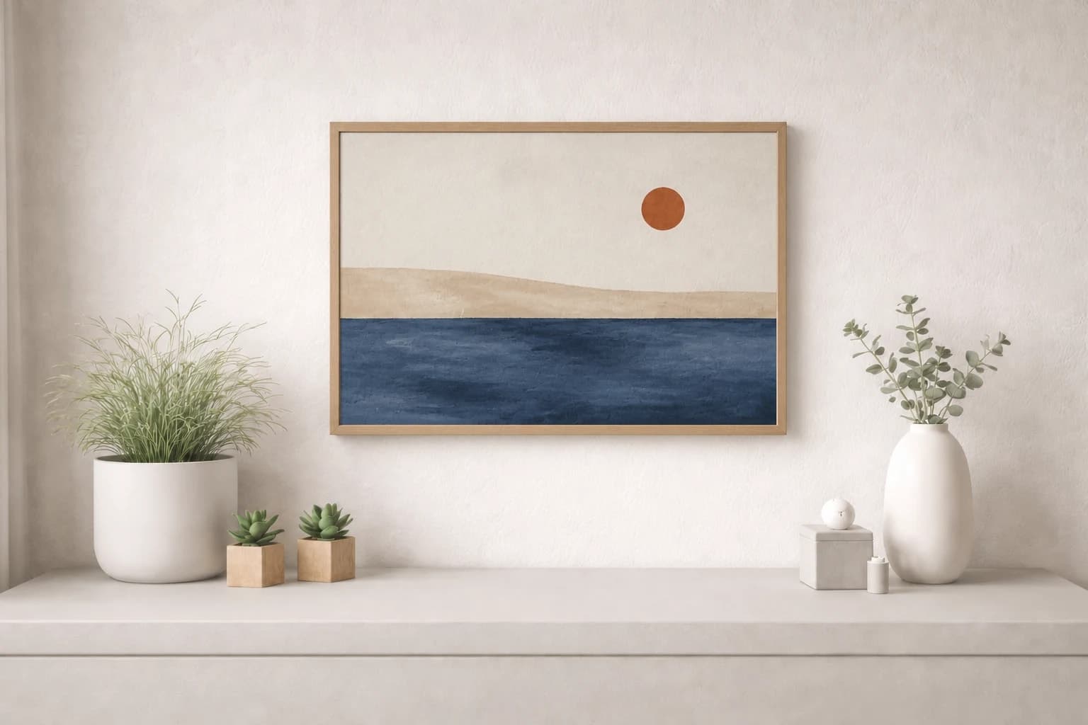 Blue abstract horizon in an oak frame above a small white table