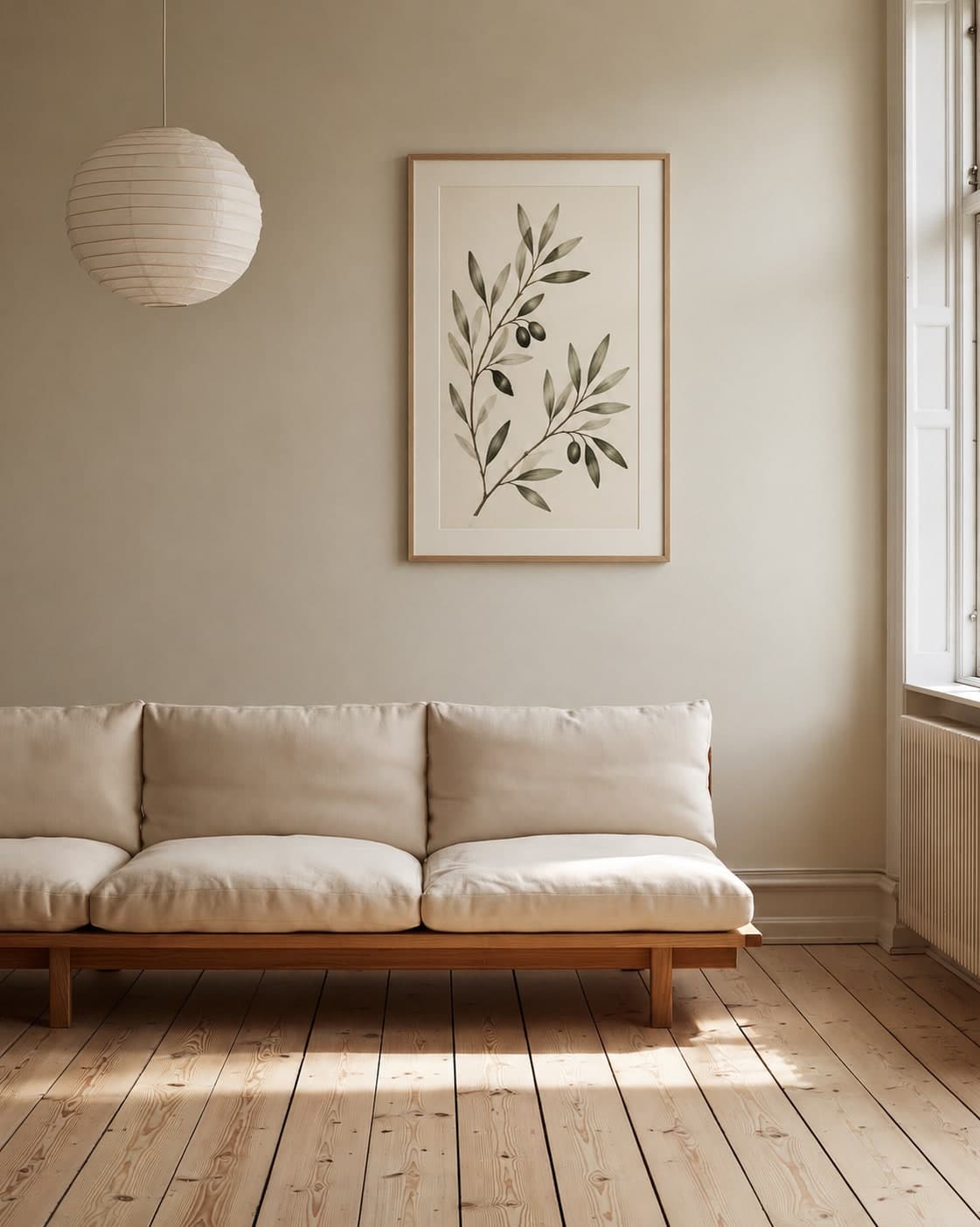 Olive branch botanical art in an oak frame above an ivory sofa in a Copenhagen apartment