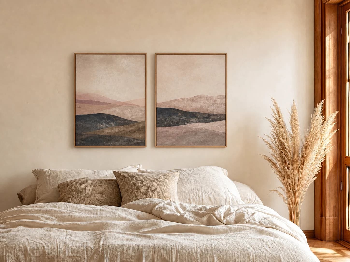 Symmetric pair of muted landscape prints in oak frames above a warm neutral bed
