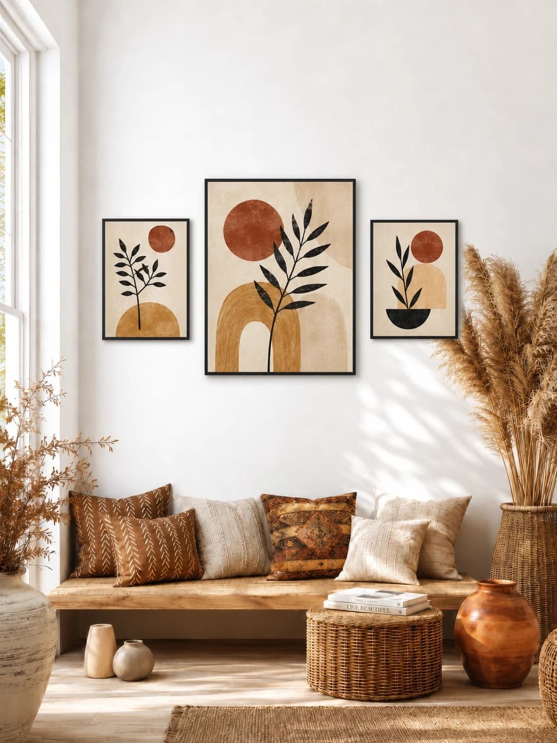 Three coordinated botanical and geometric prints in black frames above a bohemian bench