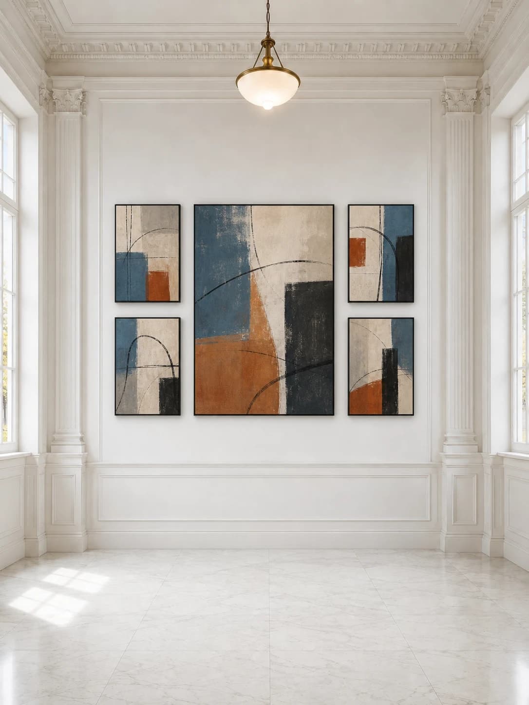 Five coordinated blue and rust abstract works in thin black frames in a neoclassical gallery