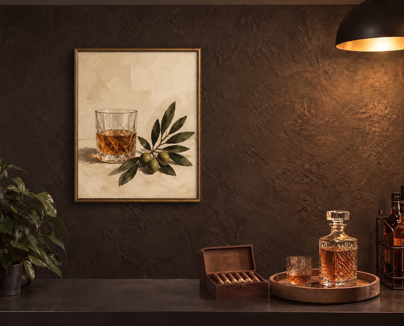 Amber-glass and olive-branch still life in a slim brass frame on a dark bar wall