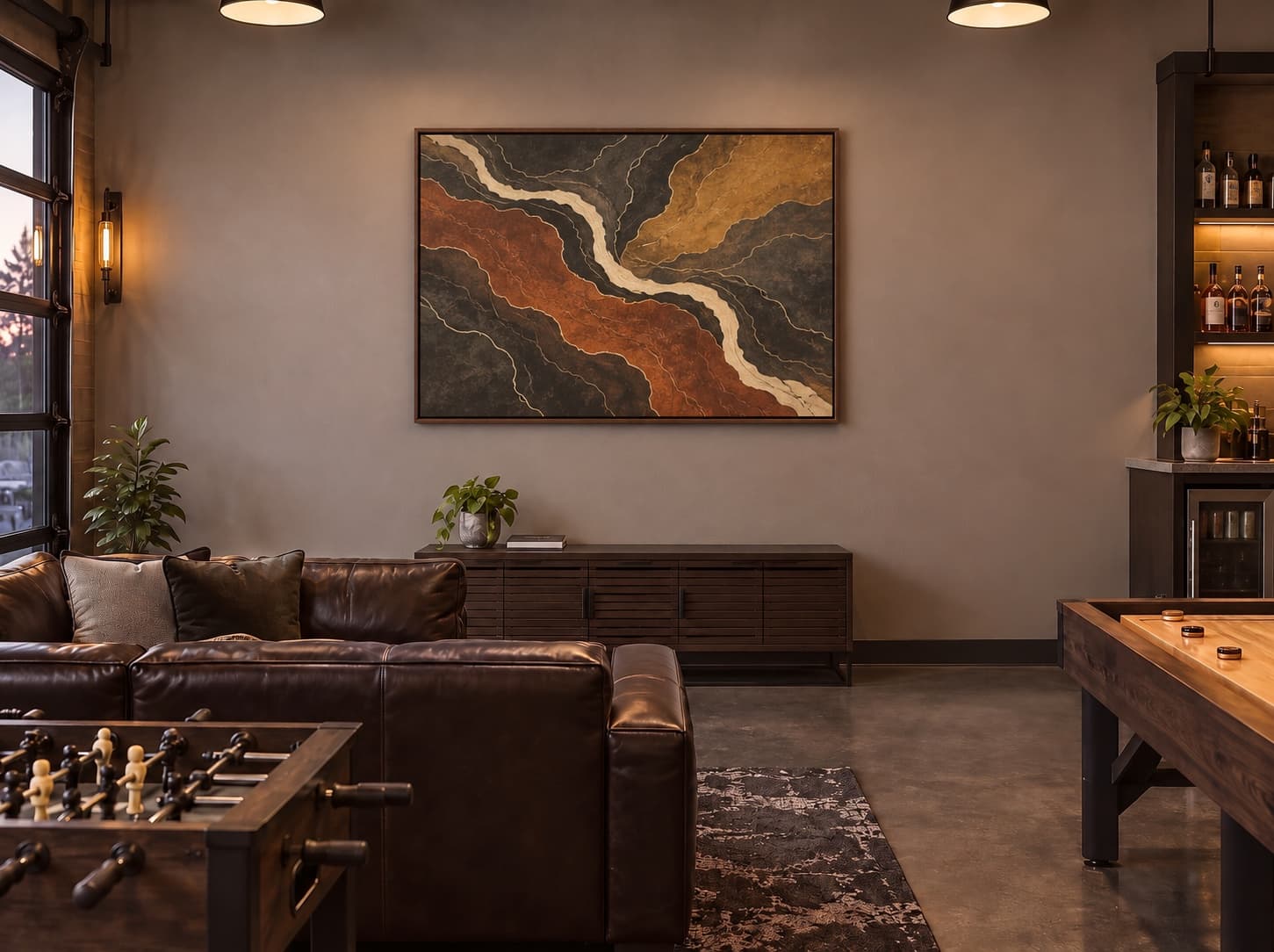 Rust and ochre abstract map print in a walnut frame above a games-lounge credenza