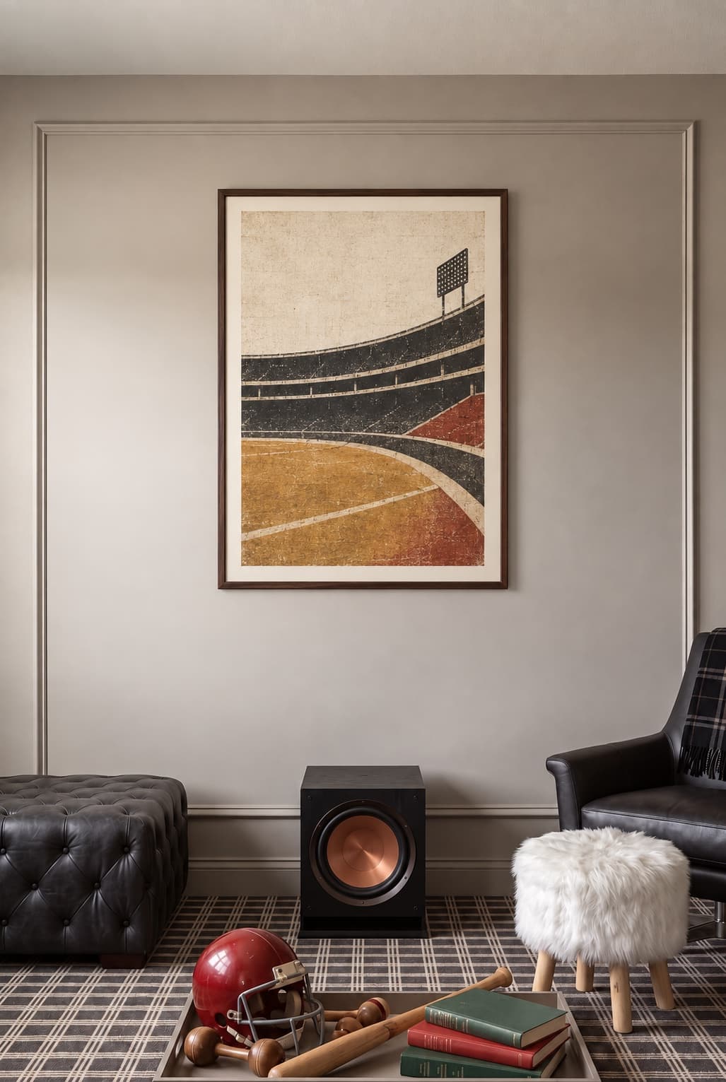 Vintage-inspired stadium illustration in a walnut frame inside a paneled sports-den wall