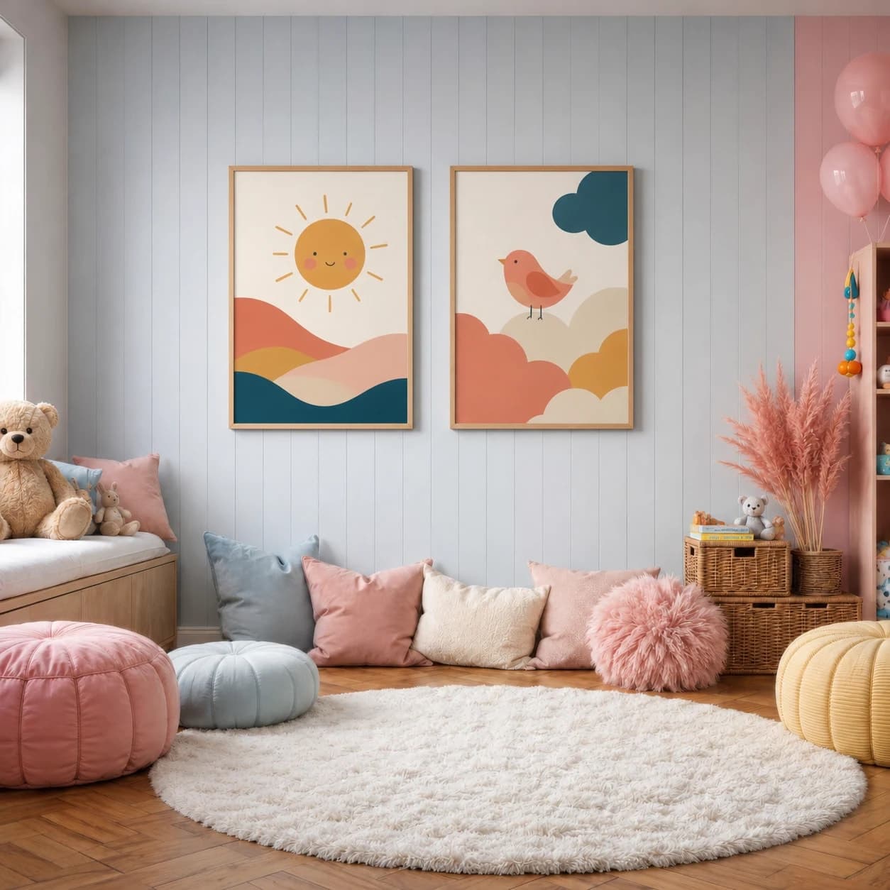 Coordinated sun and bird nursery print pair in oak frames on a blue-gray playroom wall