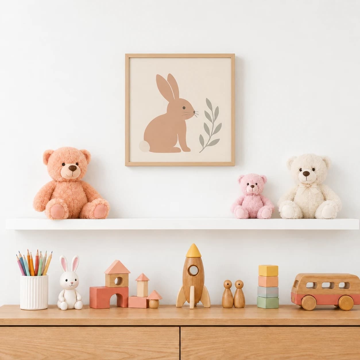 Square rabbit nursery print in a natural wood frame above a shelf of toys