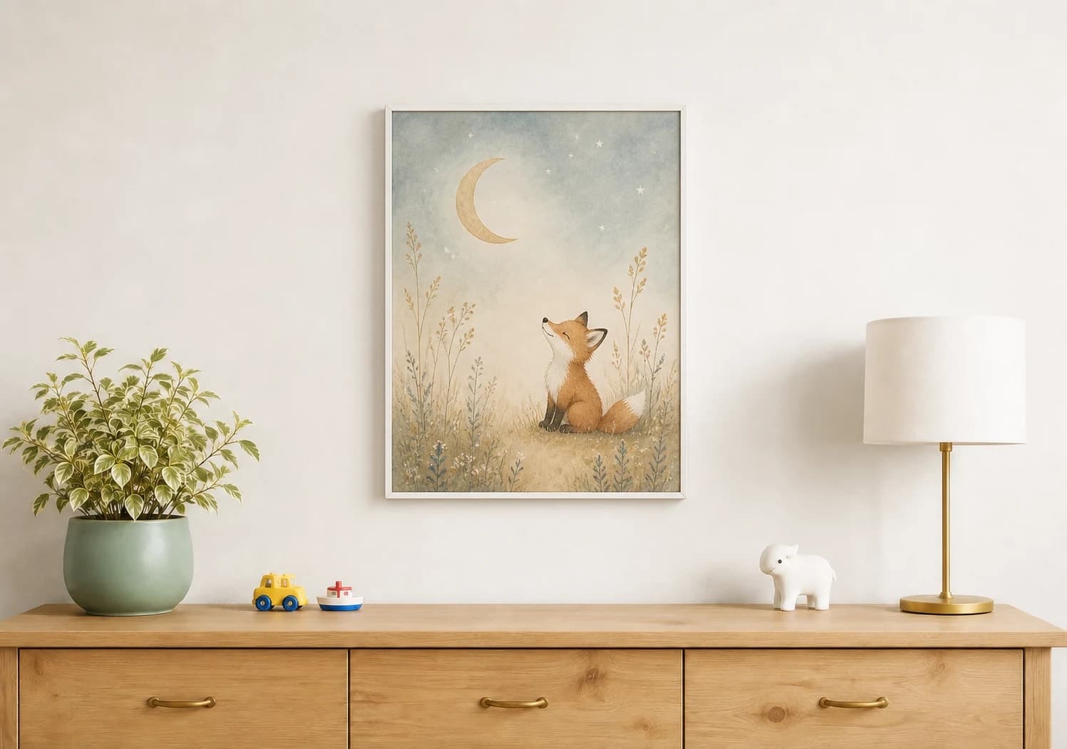 Storybook fox and moon nursery art in a white frame above a pale wood dresser