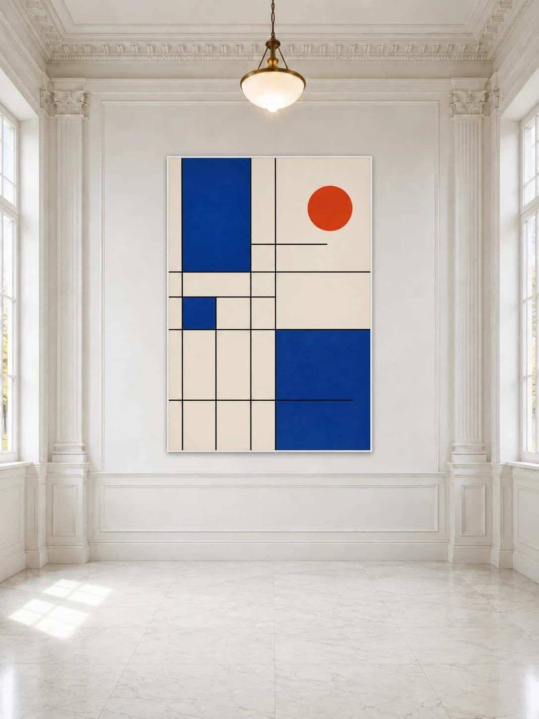 A2 geometric poster in a thin white frame in a neoclassical gallery