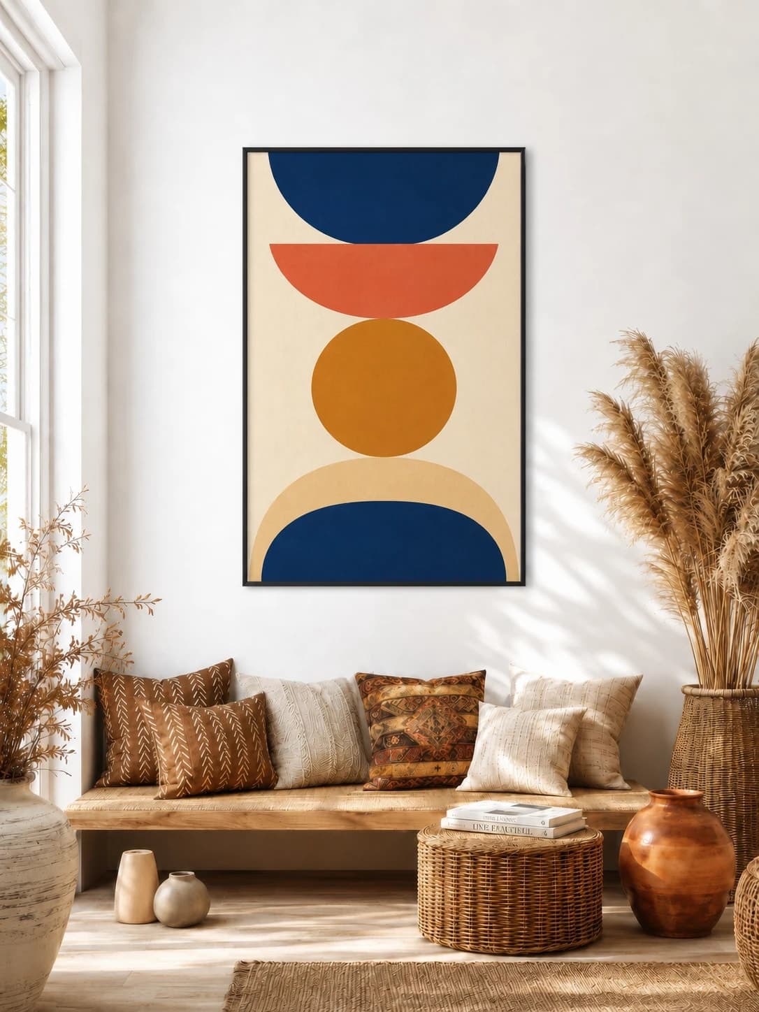 Bold geometric poster in a thin black frame above a bohemian living-room bench