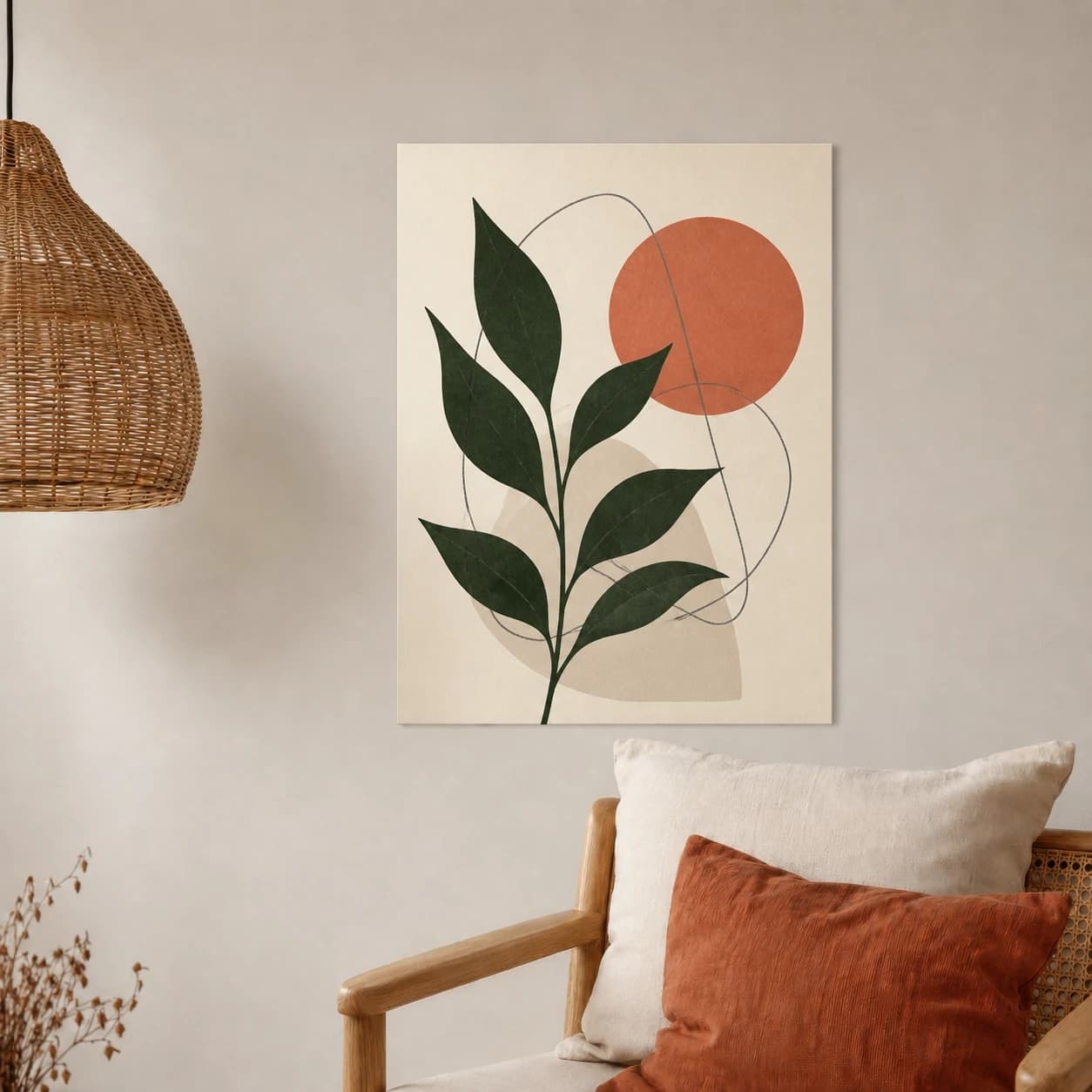 Unframed botanical graphic poster above a Scandinavian chair
